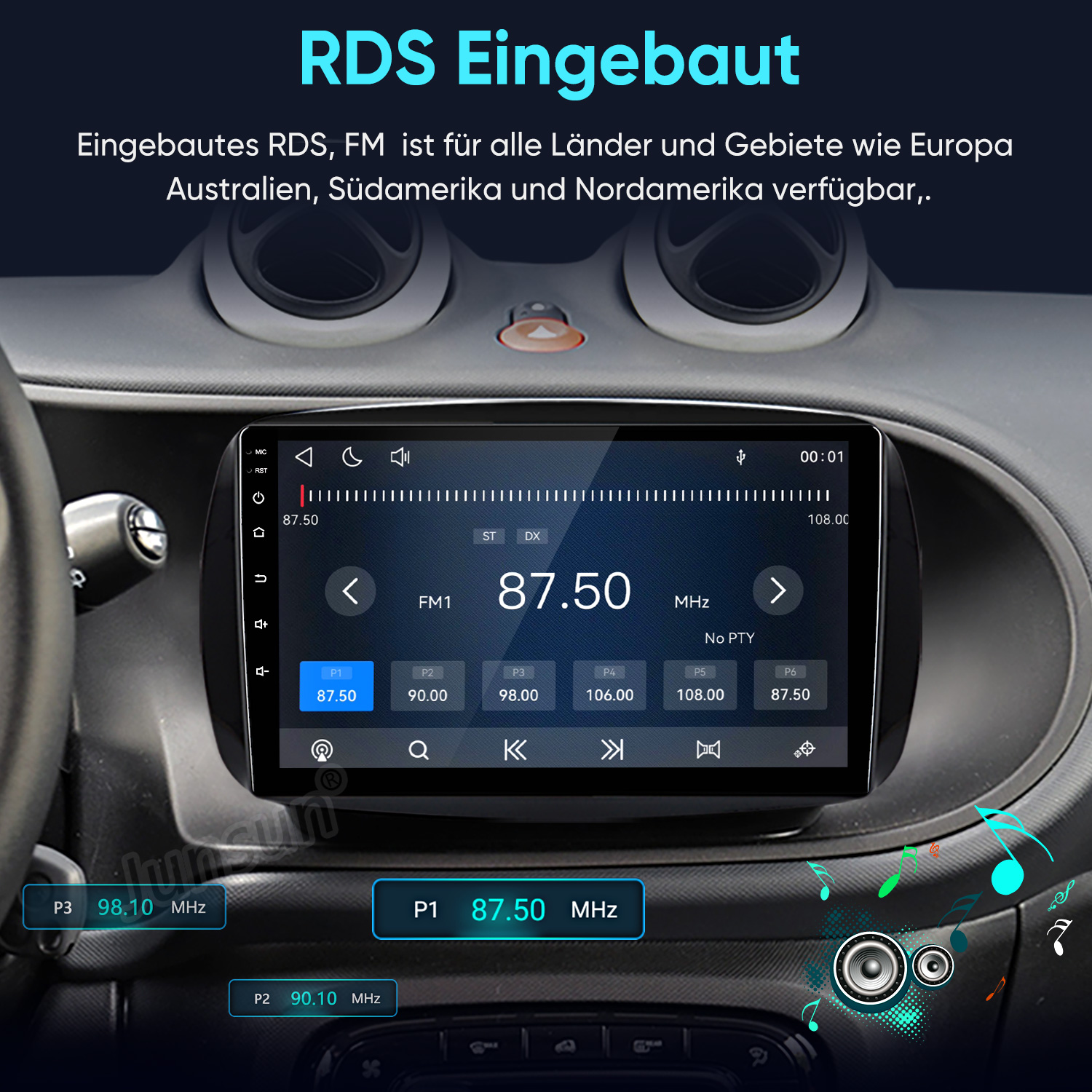 Autoradio mit Touchscreen und FM-RDS-Anzeige im Armaturenbrett.