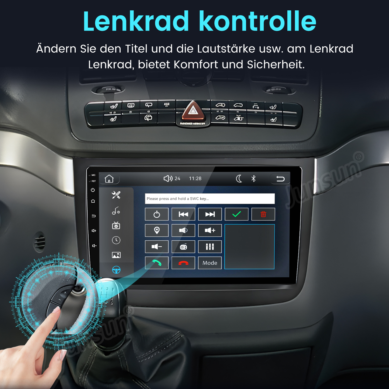 Ein Autoinnenraum zeigt einen Touchscreen mit Lenkradsteuerungseinstellungen und eine Hand berührt die Lenkradtasten.