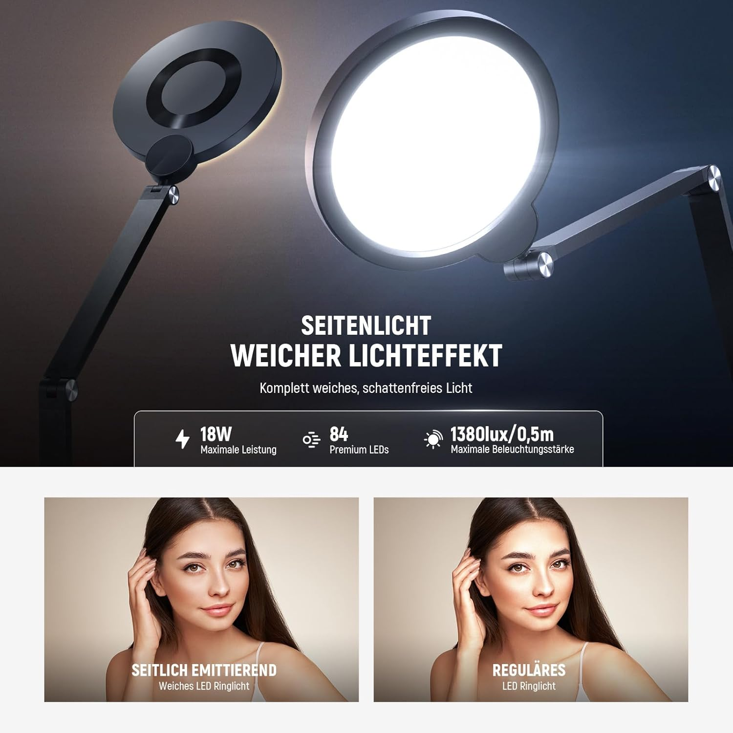 Vergleich zweier LED-Schreibtischlampen mit hellen und weichen Lichteffekten für eine optimale Ausleuchtung.