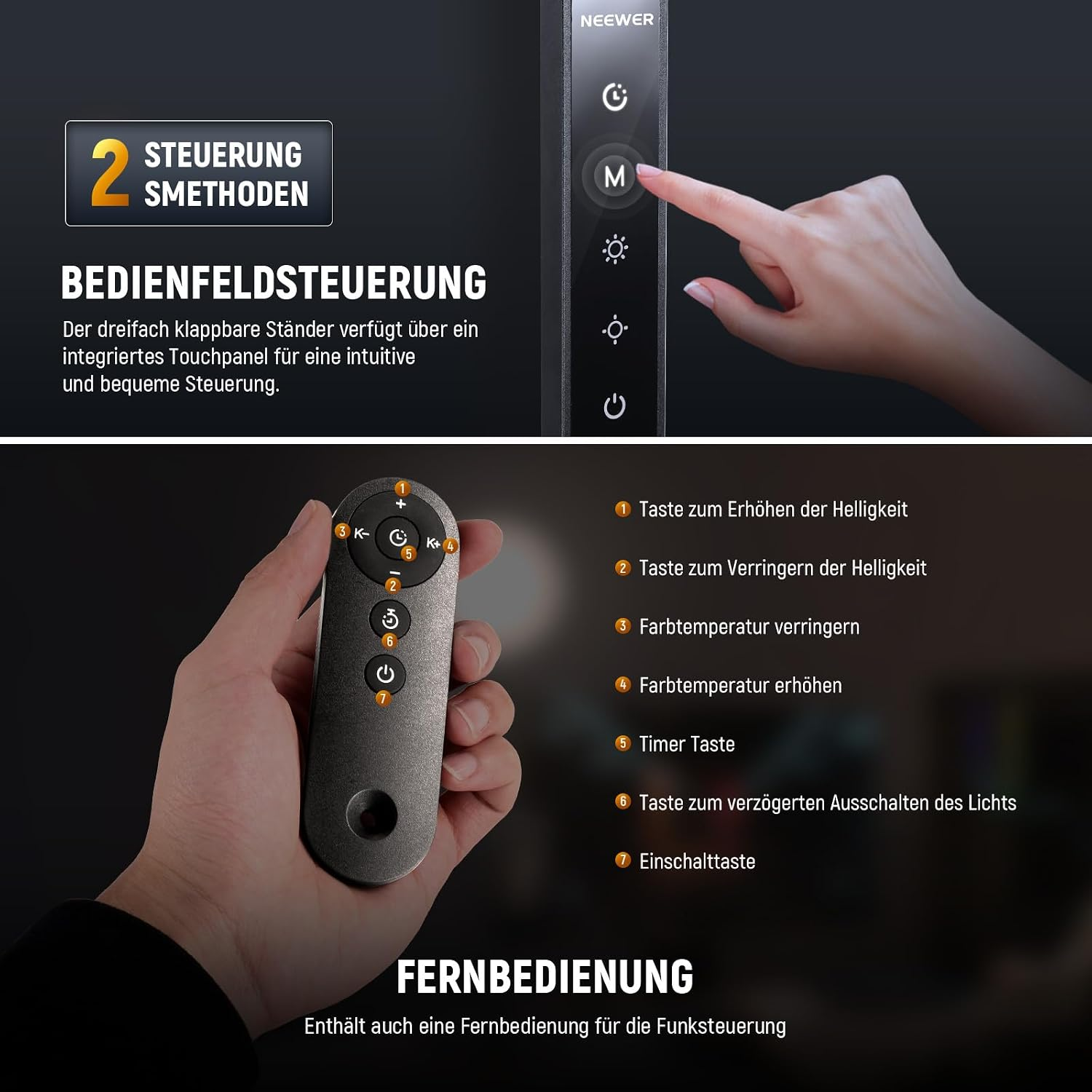 Hand drückt ein Touch-Bedienfeld und eine andere hält eine Fernbedienung, mit deutschem Text.