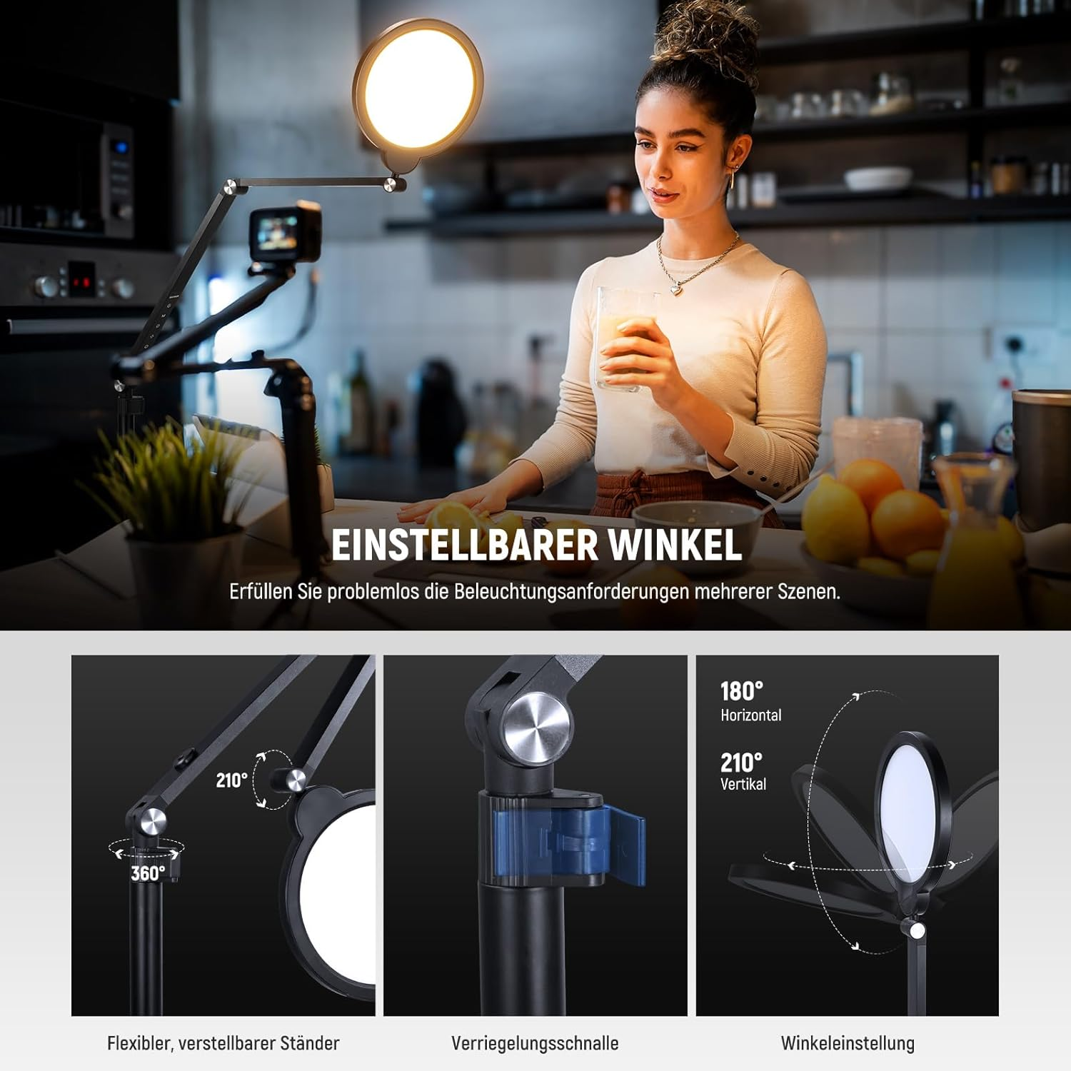 Eine Frau trinkt in einer Küche mit einem verstellbaren Ringlicht und einer Kamera auf einem Stativ ein Glas Saft.