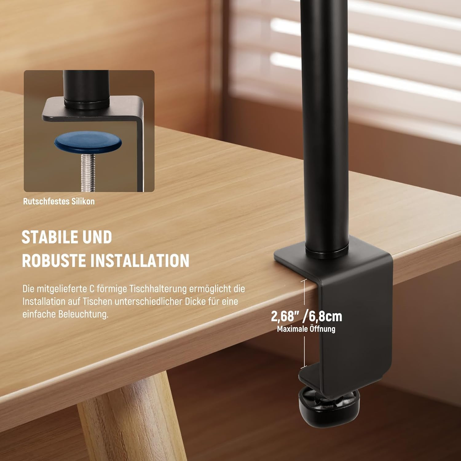 Stabile C-förmige Tischhalterung für Lampen mit maximaler Öffnung von 6,8 cm.