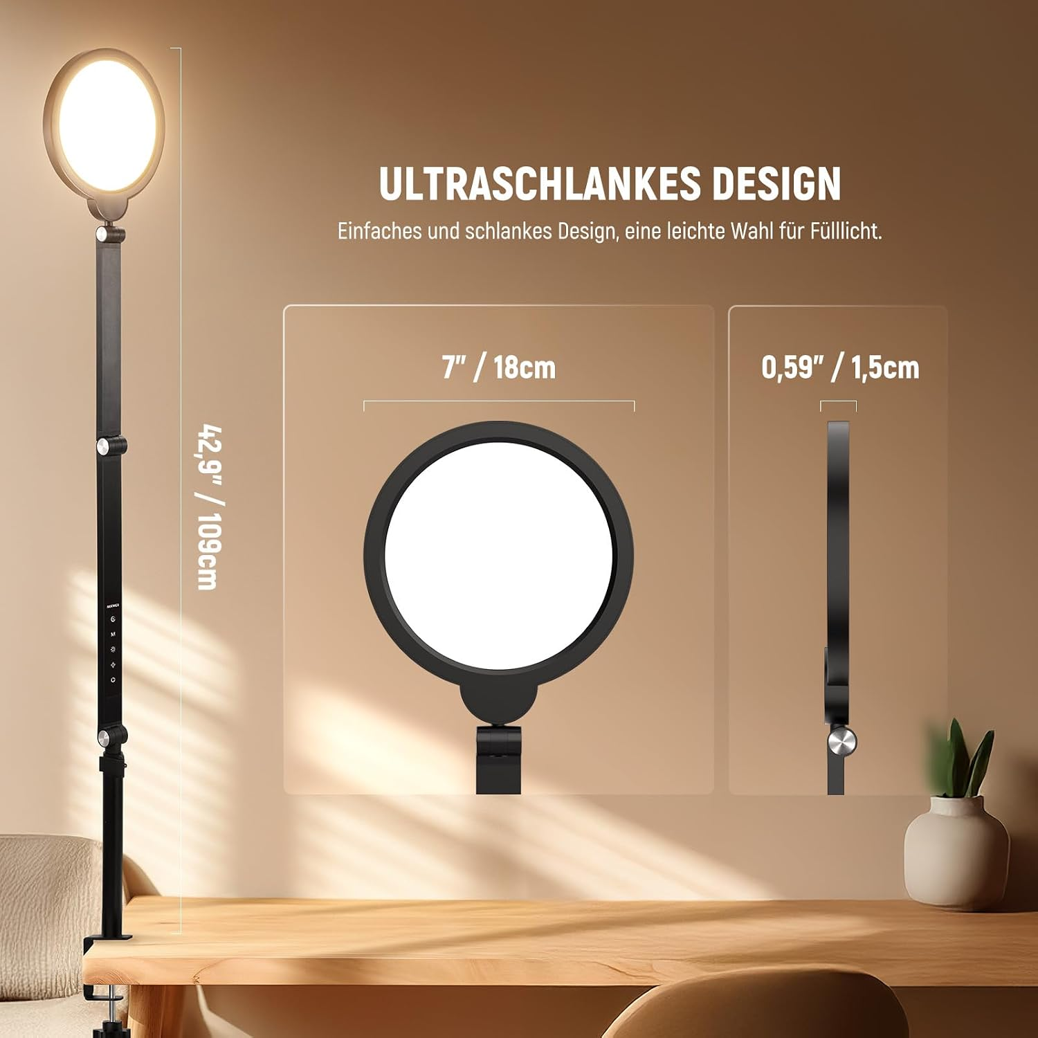 Schlanke LED-Klemmlampe mit Maßen für Höhe, Durchmesser und Dicke.