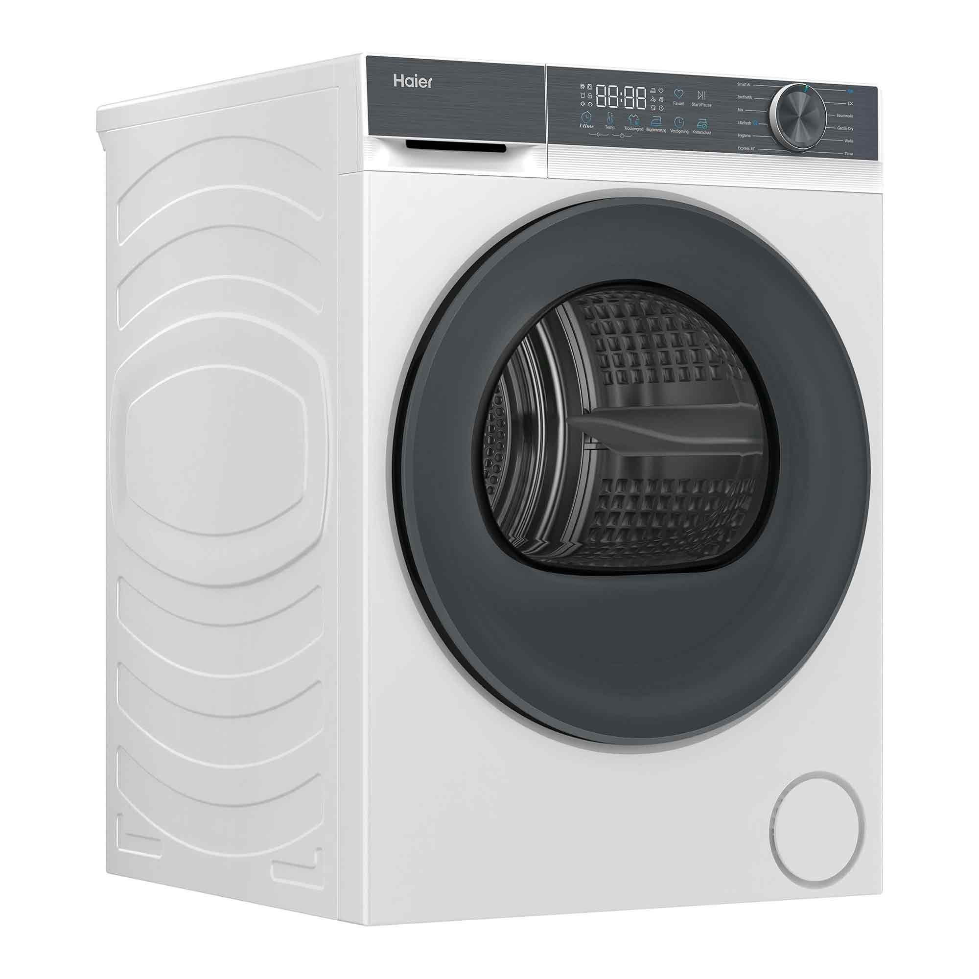 Moderner weißer Haier-Wäschetrockner mit schwarzer Glastür und digitalem Bedienfeld auf weißem Hintergrund.