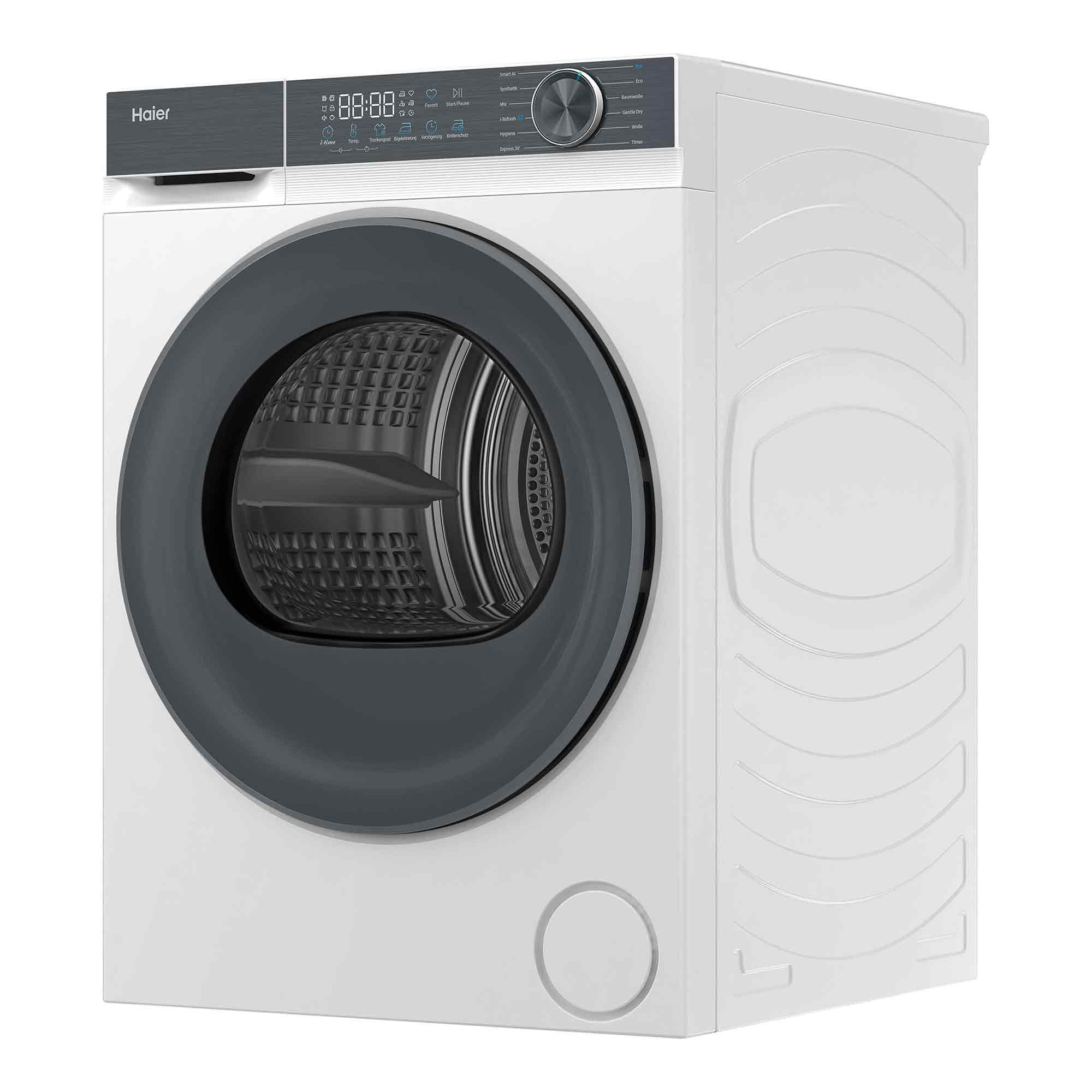 Moderner weißer Haier Trockner mit schwarzer Glastür und digitalem Bedienfeld.