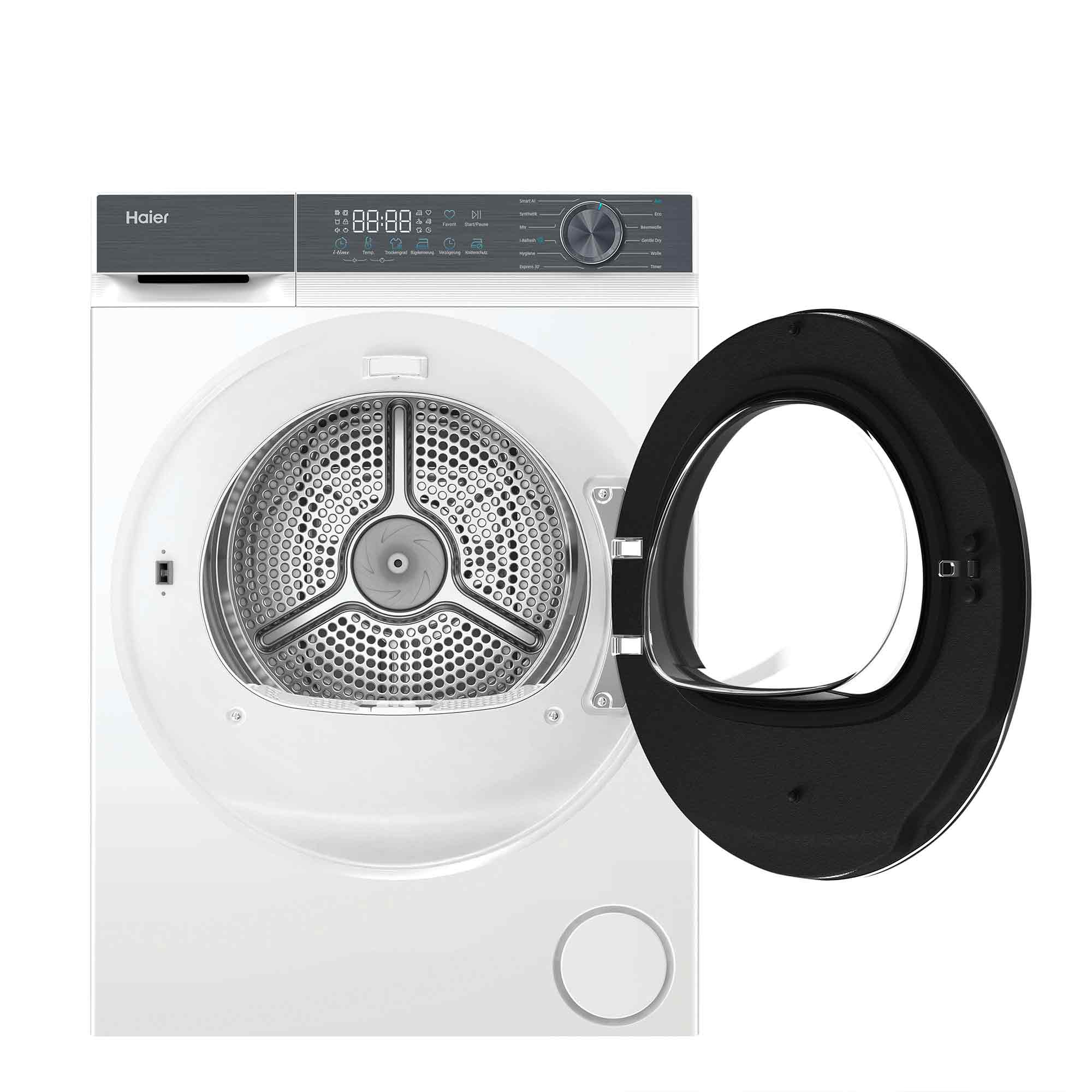 Ein weißer Haier Trockner mit offener Tür zeigt eine Edelstahltrommel und ein Bedienfeld mit Digitalanzeige.