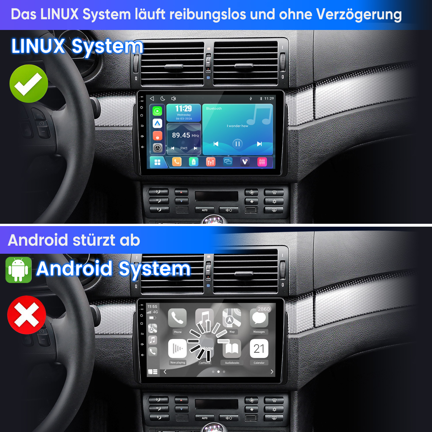 Vergleich zweier Autosysteme: Linux läuft reibungslos, während Android abstürzt.