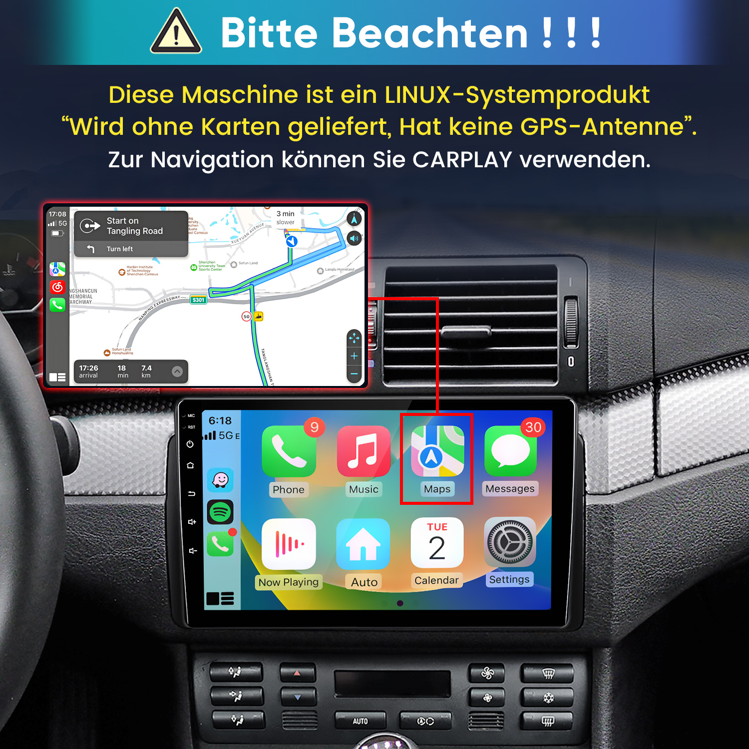Linux-Autoradio im Armaturenbrett zeigt CarPlay-Apps und GPS-Navigation an.