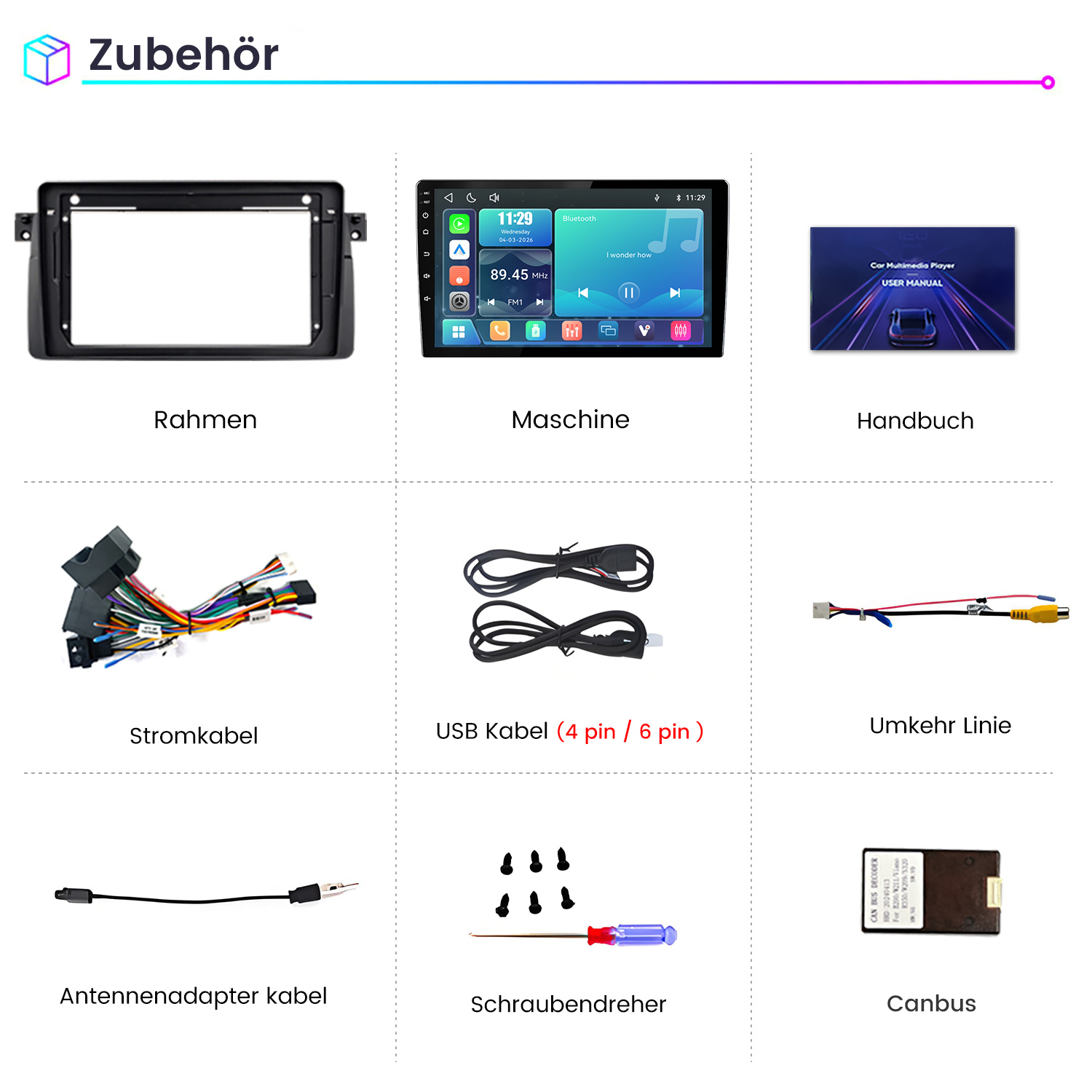 Übersicht von Zubehörteilen für ein Autoradio, darunter Rahmen, Display, Handbuch, Kabel, Schrauben und Canbus.