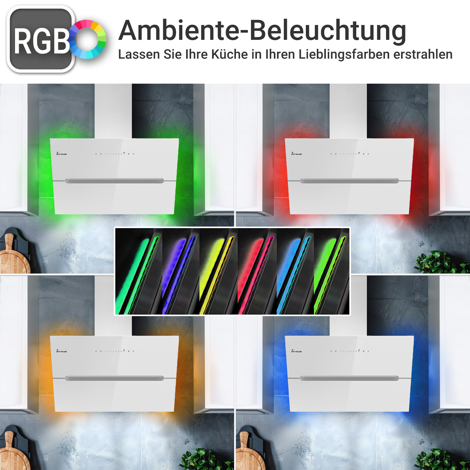 Cappa da cucina bianca con illuminazione ambientale RGB multicolore in una cucina moderna.