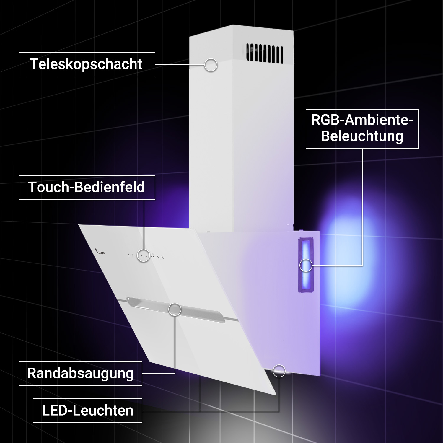 Una cappa aspirante bianca con camino telescopico, pannello touch, illuminazione RGB, aspirazione perimetrale e LED.