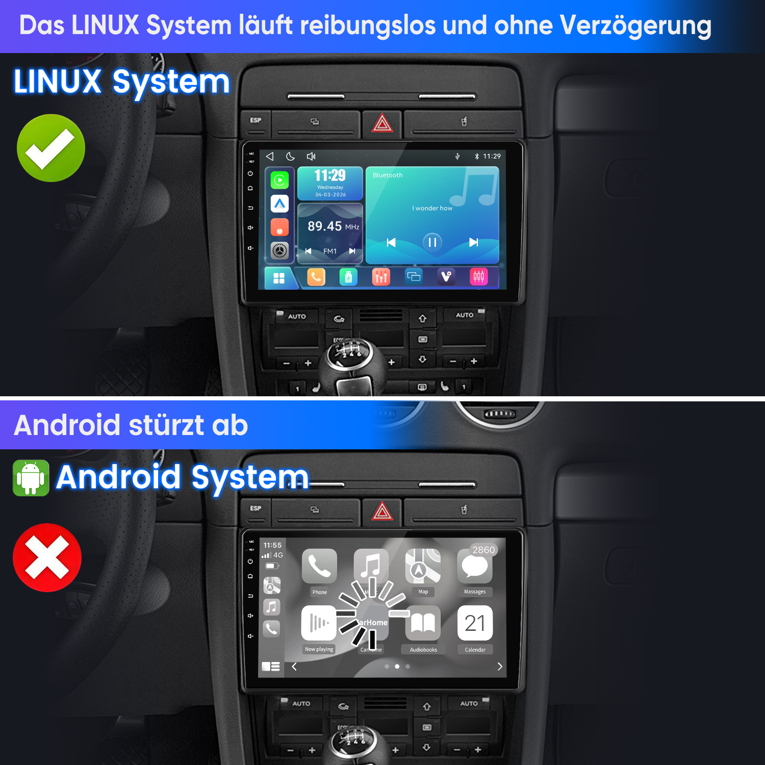 Vergleich von Linux-Auto-Infotainment läuft flüssig versus Android-System stürzt ab.