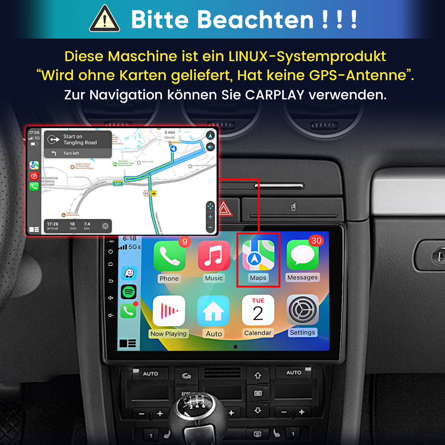 Ein Auto-Armaturenbrett mit Touchscreen für CarPlay, Gangschaltung und deutschem Warntext.