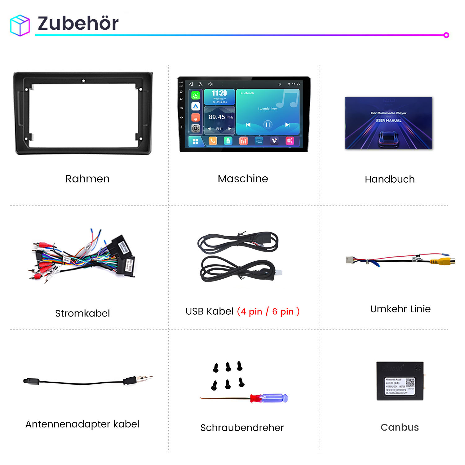 Übersicht von KFZ Multimedia Zubehörteilen wie Rahmen, Display, Kabel, Handbuch, Schraubendreher und Canbus Modul.