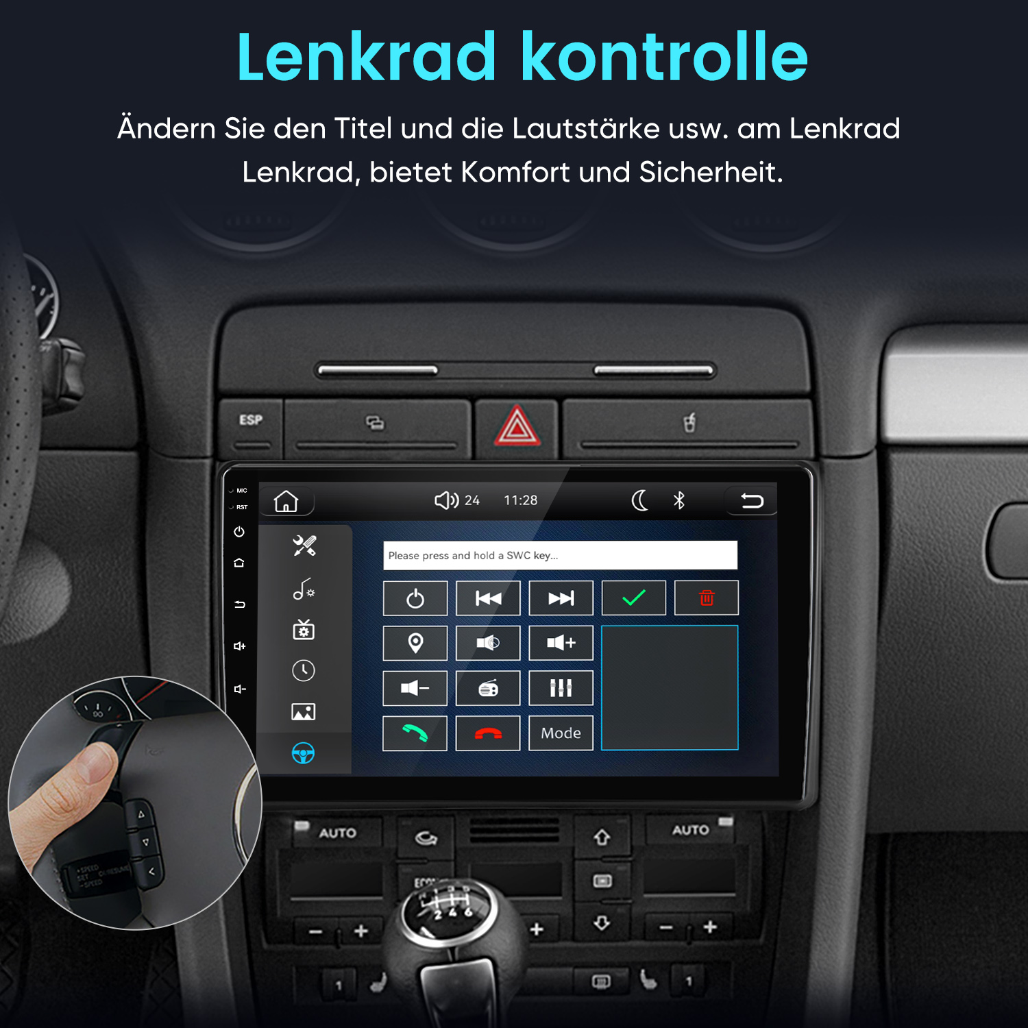 Autoinnenraum mit einem Infotainment-Bildschirm und einer Einblendung zur Lenkradsteuerung.