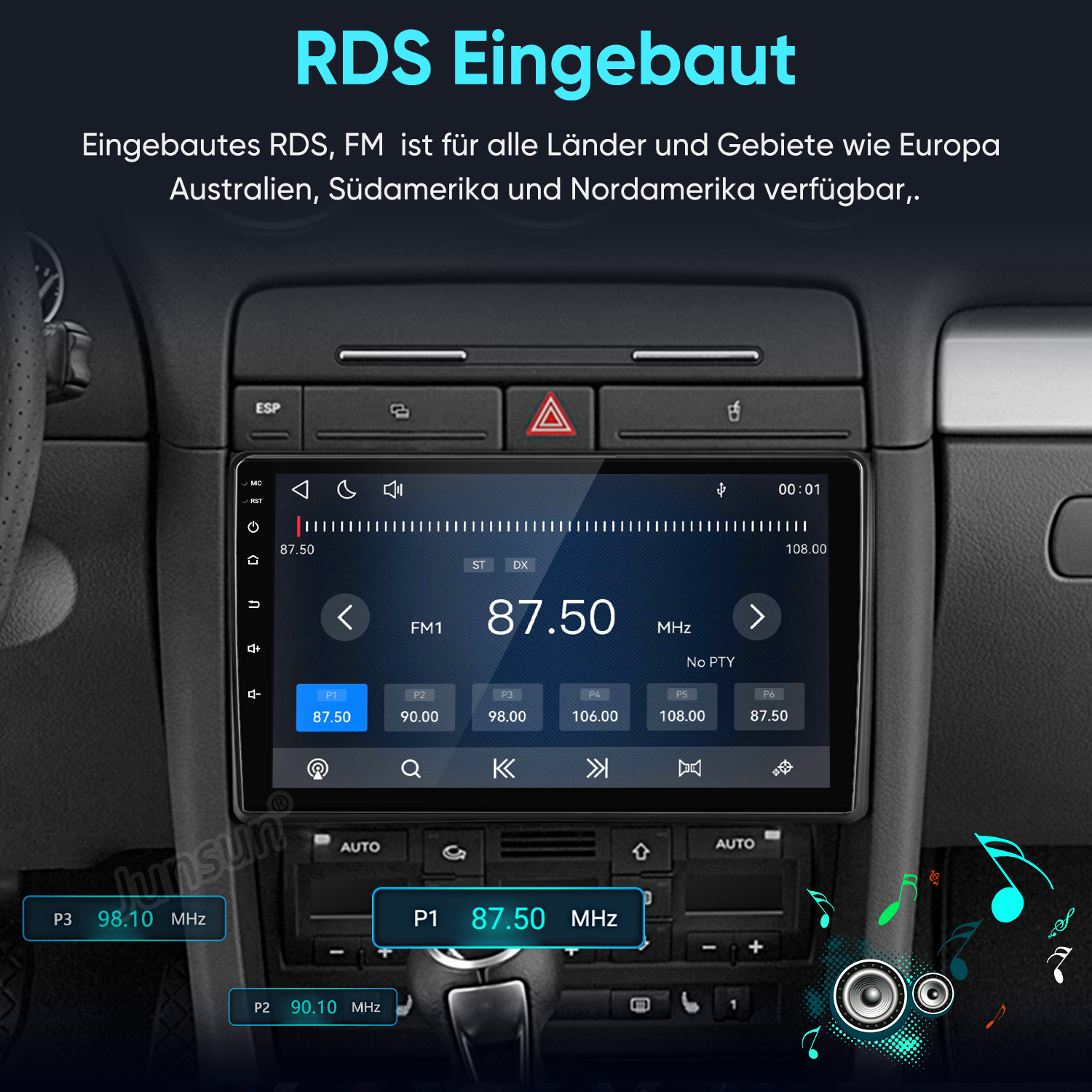 Ein Car-Radio-Bildschirm mit FM-Radio-Interface in einem Armaturenbrett.