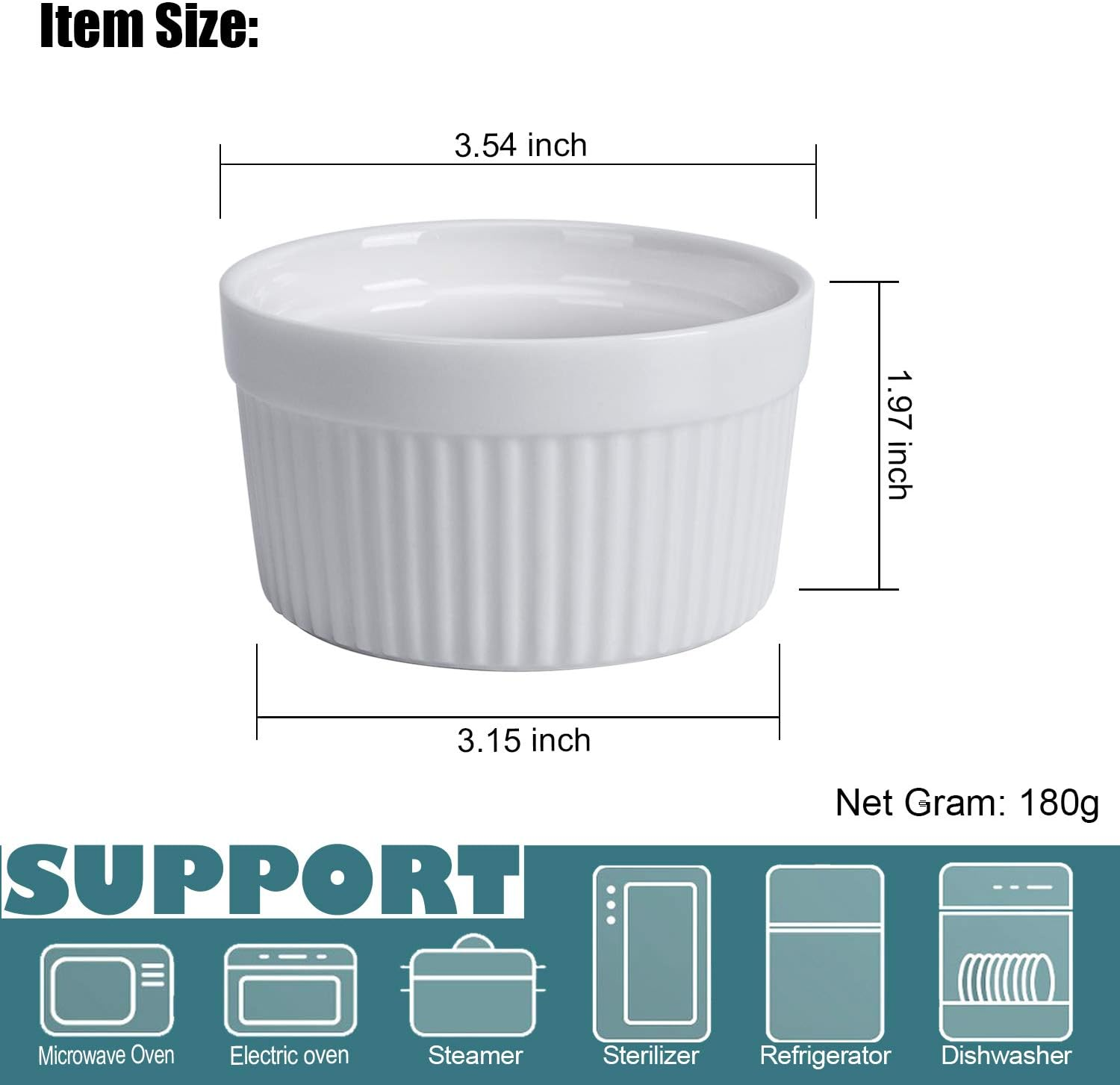 Weiße Ramekin-Schüssel mit Maßangaben und Symbolen für die Kompatibilität mit Küchengeräten.
