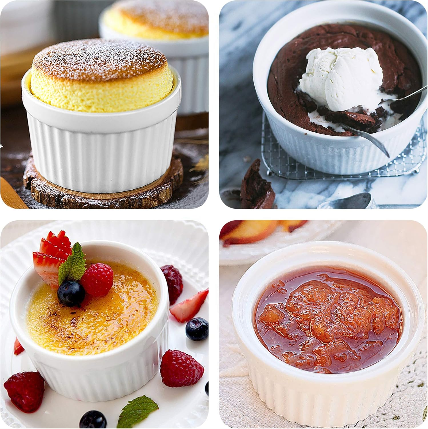 Vier weiße Auflaufförmchen mit Soufflé, Schokokuchen mit Eis, Crème brûlée mit Beeren und Fruchtmarmelade.
