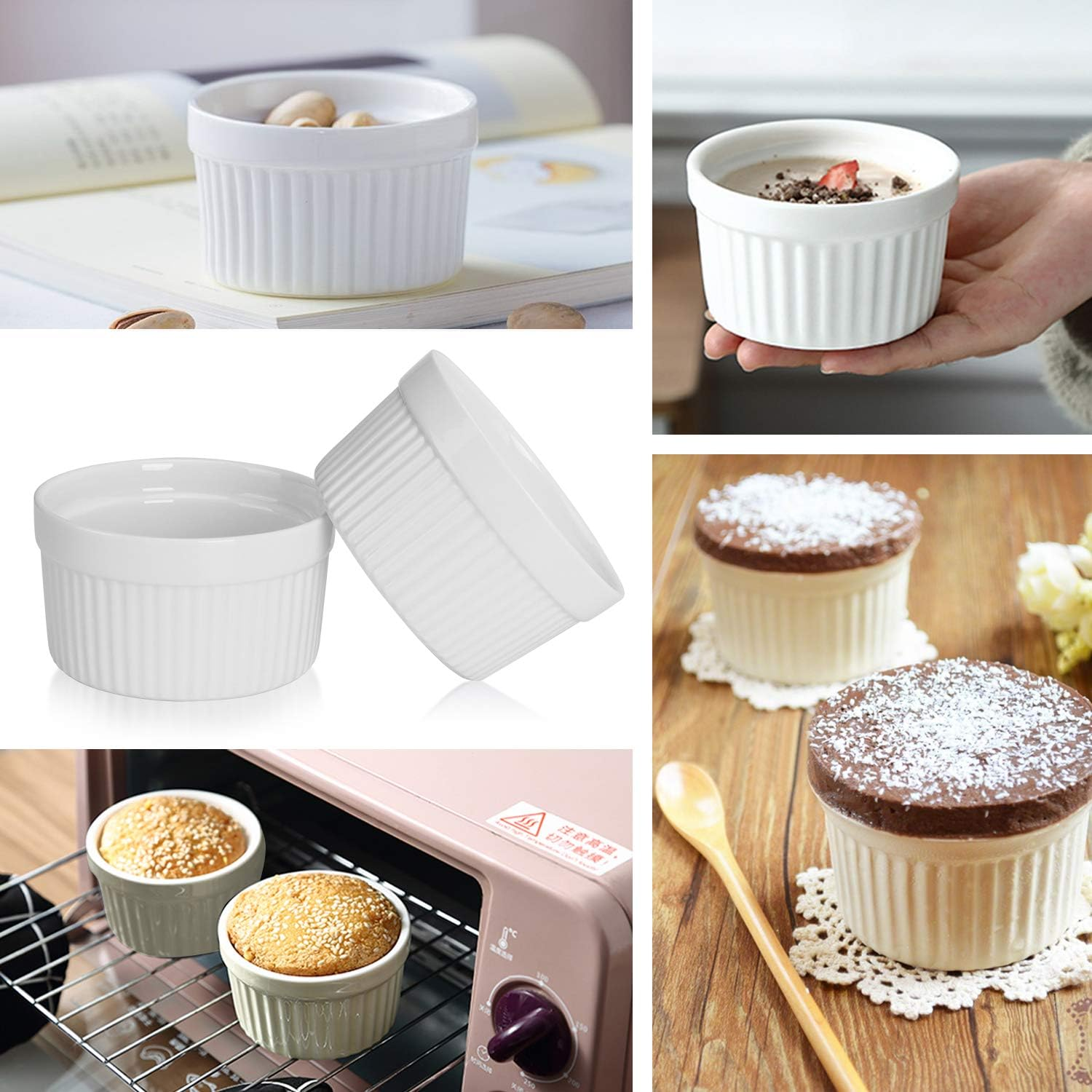 Verschiedene Ansichten von weißen Keramik-Ramekins, gefüllt mit Desserts, in einem Ofen und auf Holz.