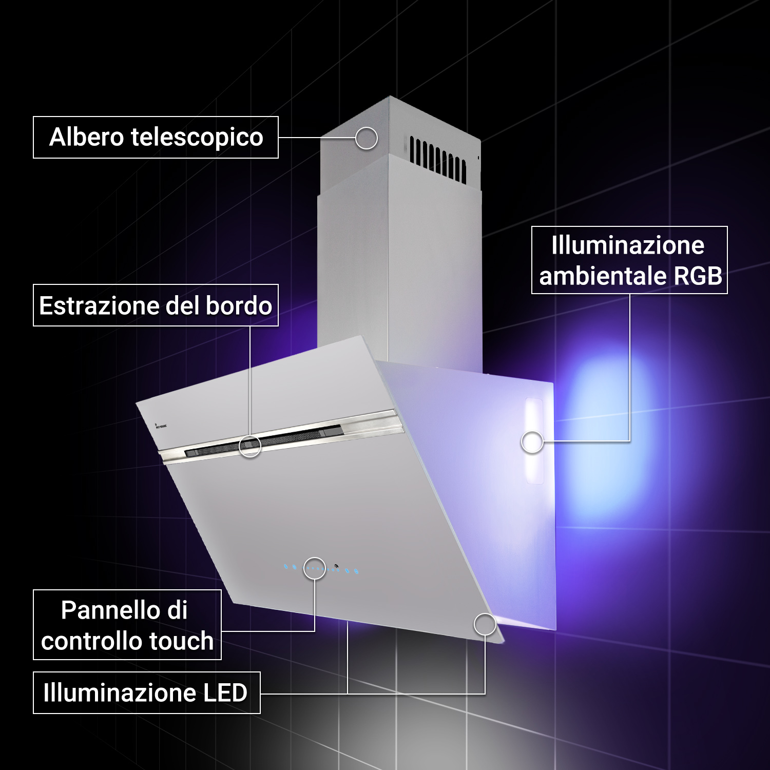 Moderna cappa aspirante grigia su parete scura con illuminazione LED e controllo touch, etichettata nelle sue parti.