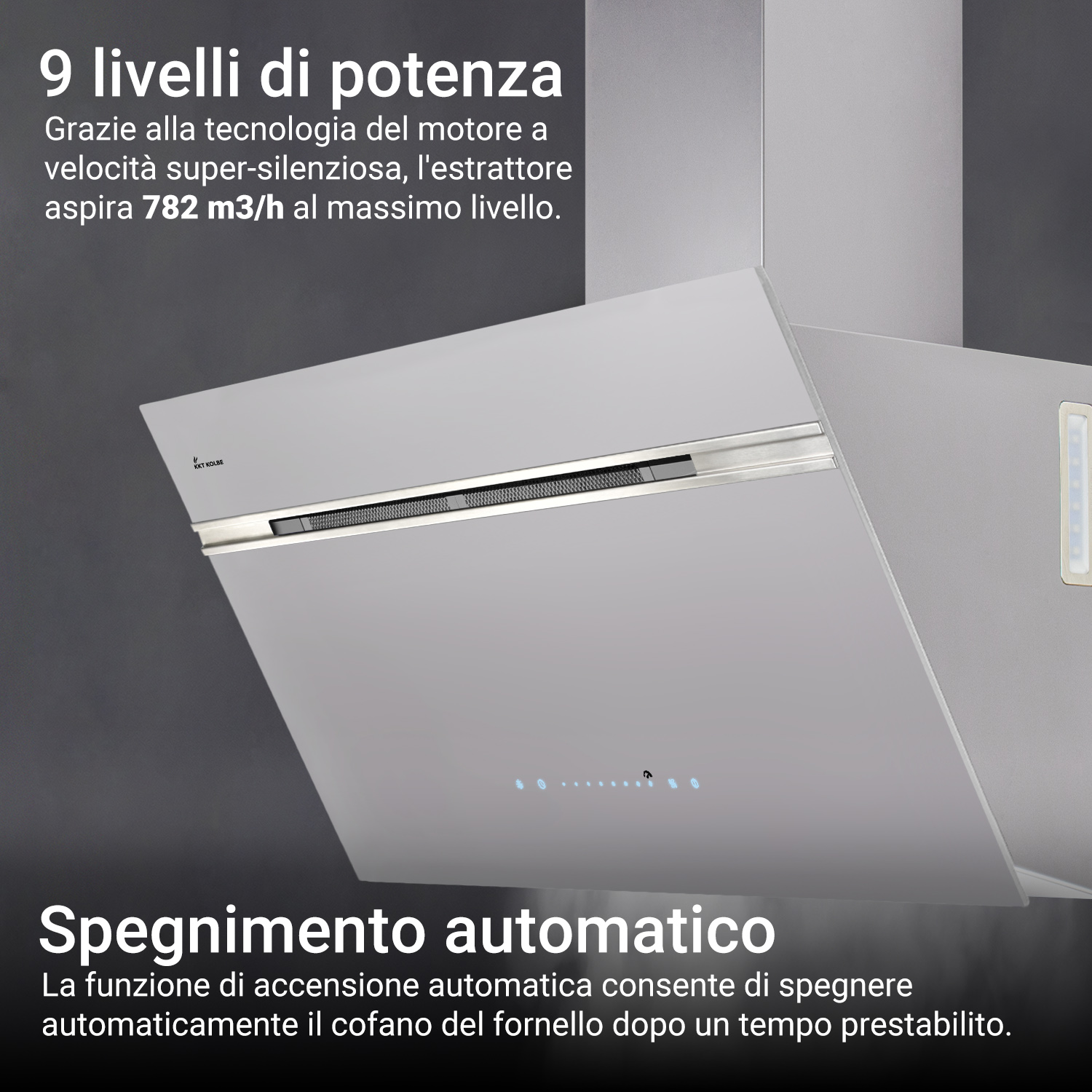 Una moderna cappa da cucina grigia con testo in italiano su sfondo scuro.