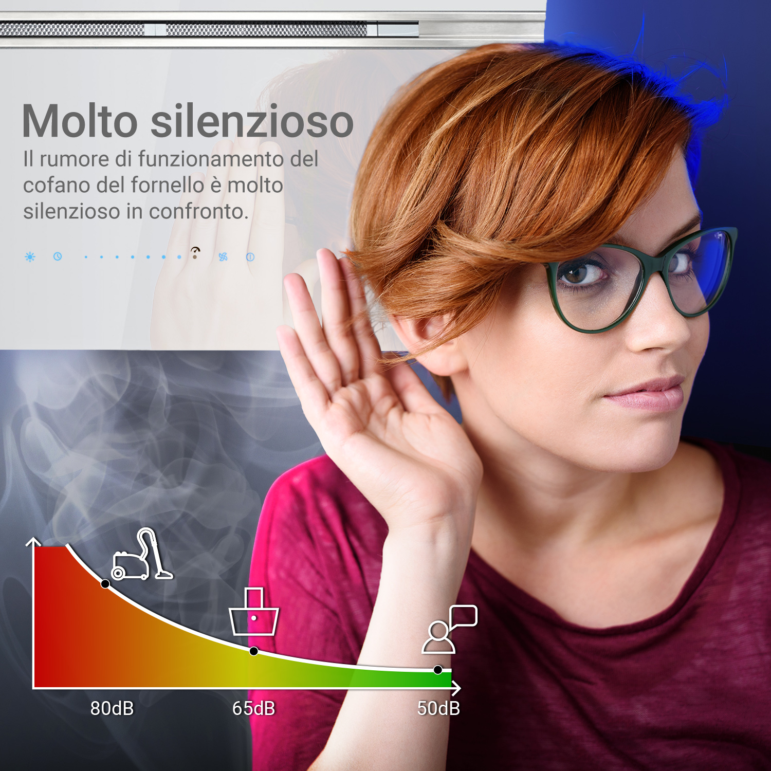 Donna dai capelli rossi con gli occhiali si porta la mano all'orecchio.