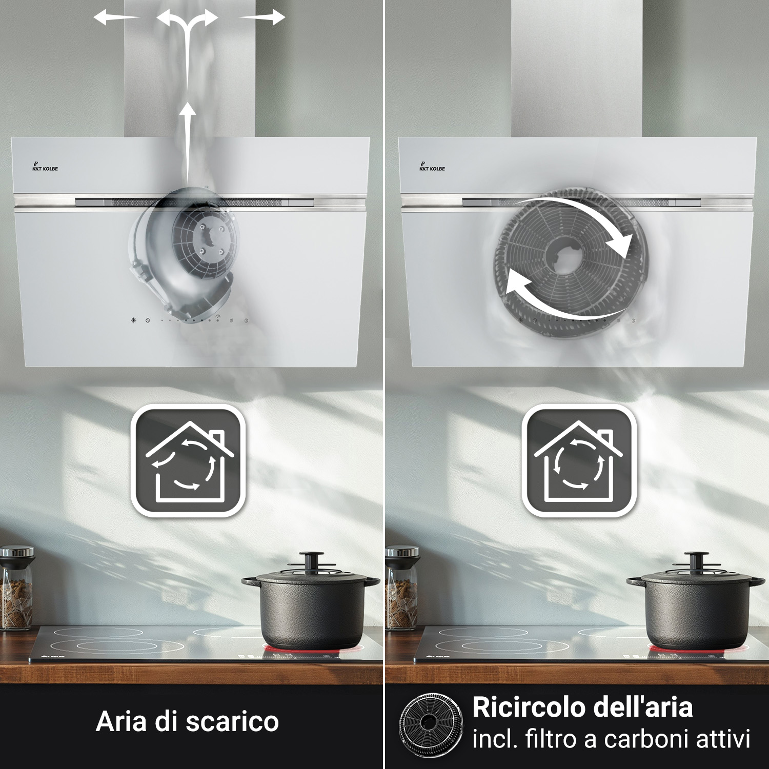 Confronto tra due modalità di cappa: aspirazione e ricircolo con filtro a carboni attivi sopra un piano cottura.