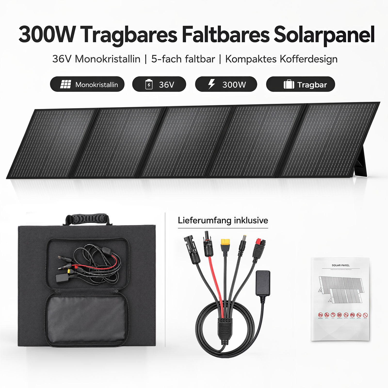 Ein 300W tragbares, faltbares Solarpanel mit Kabeln, Zubehör und Anleitung.