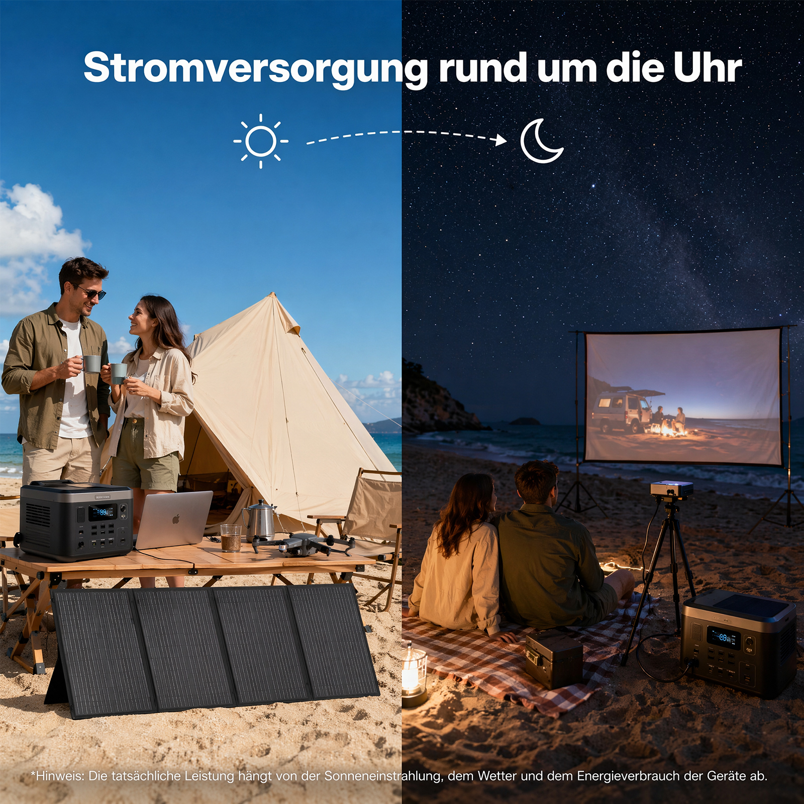 Geteilte Ansicht: Ein Paar campt tagsüber mit Solarpanel und genießt abends am Strand eine Outdoor-Projektion.