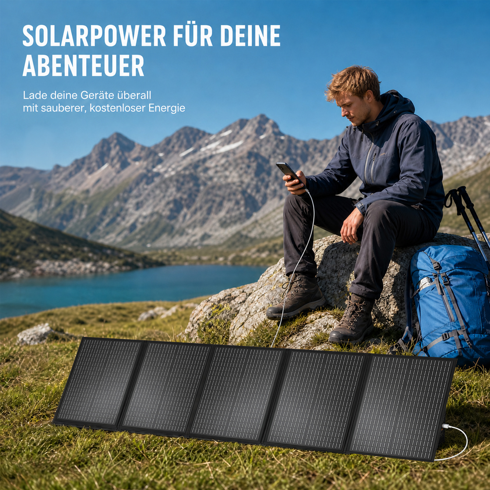 Ein Wanderer sitzt auf einem Felsen am See und lädt sein Handy mit einem Solarmodul.