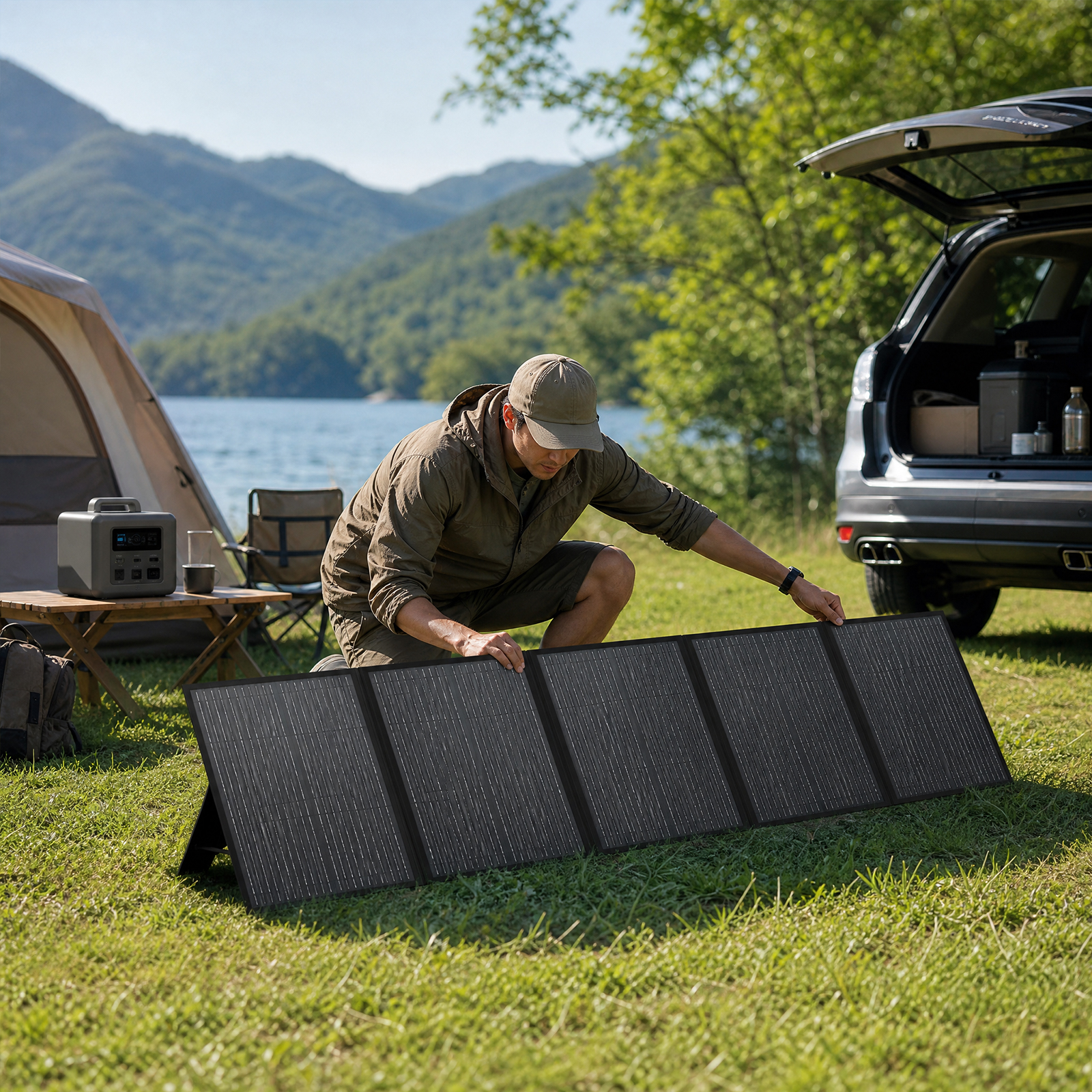 Ein Mann setzt draußen am See ein tragbares Solarmodul auf einer Wiese auf.