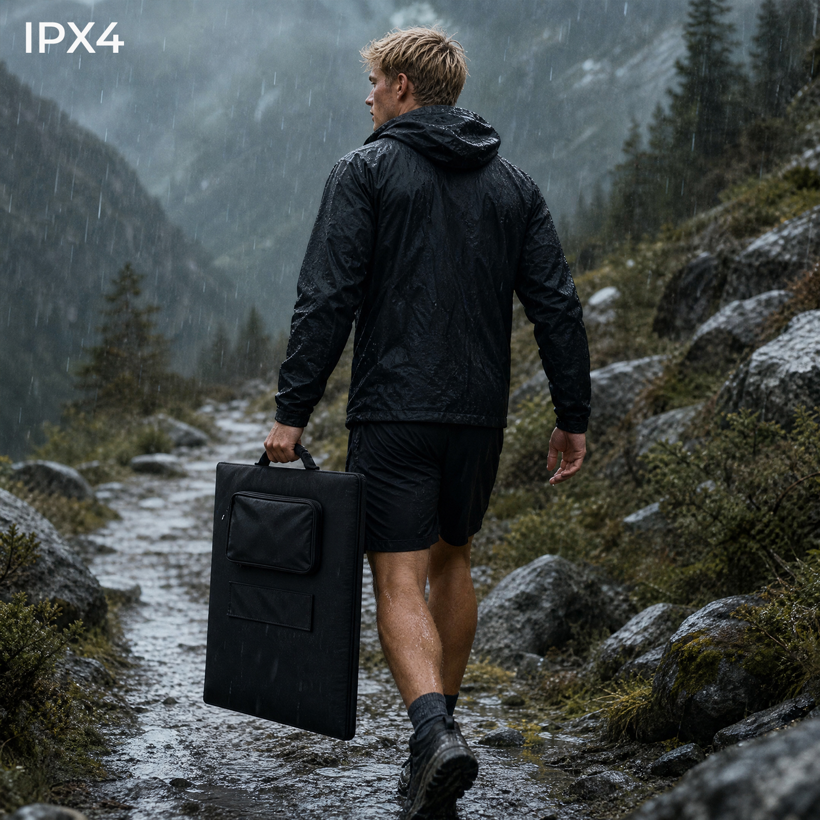Ein Mann wandert im Regen auf einem Bergpfad und trägt eine schwarze Tasche.