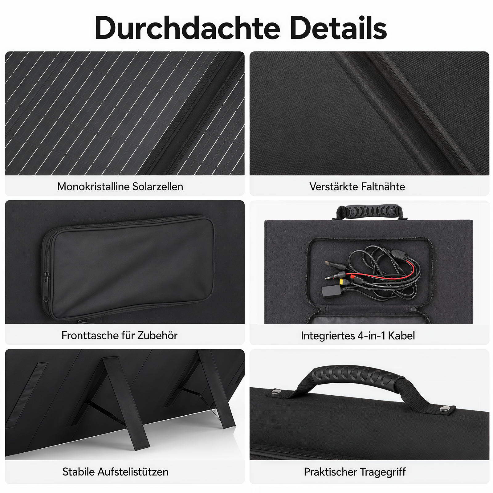 Sechs Bilder zeigen Solardetails: Solarzellen, Nähte, Tasche, Kabel, Stützen und Tragegriff.