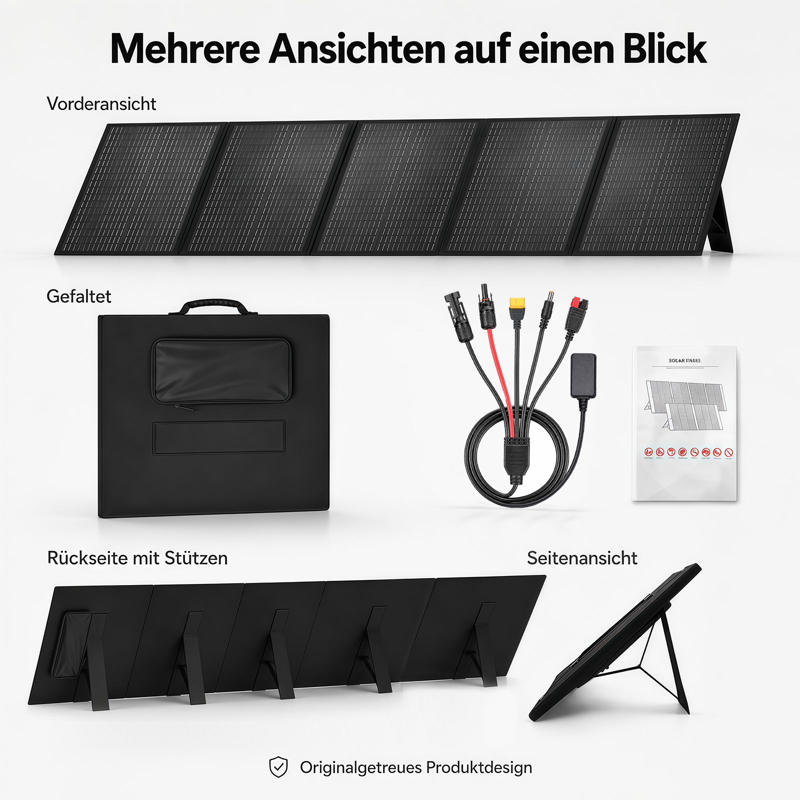 Verschiedene Ansichten eines faltbaren Solarmoduls mit Tasche, Kabel und Anleitung vor weißem Hintergrund.