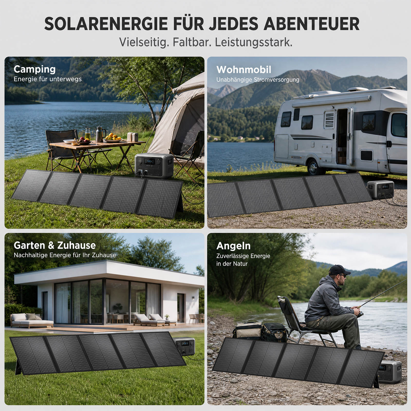 Tragbares Solarpanel versorgt Camping, Wohnmobil, Haus und Angeln in vier Szenen mit Strom.