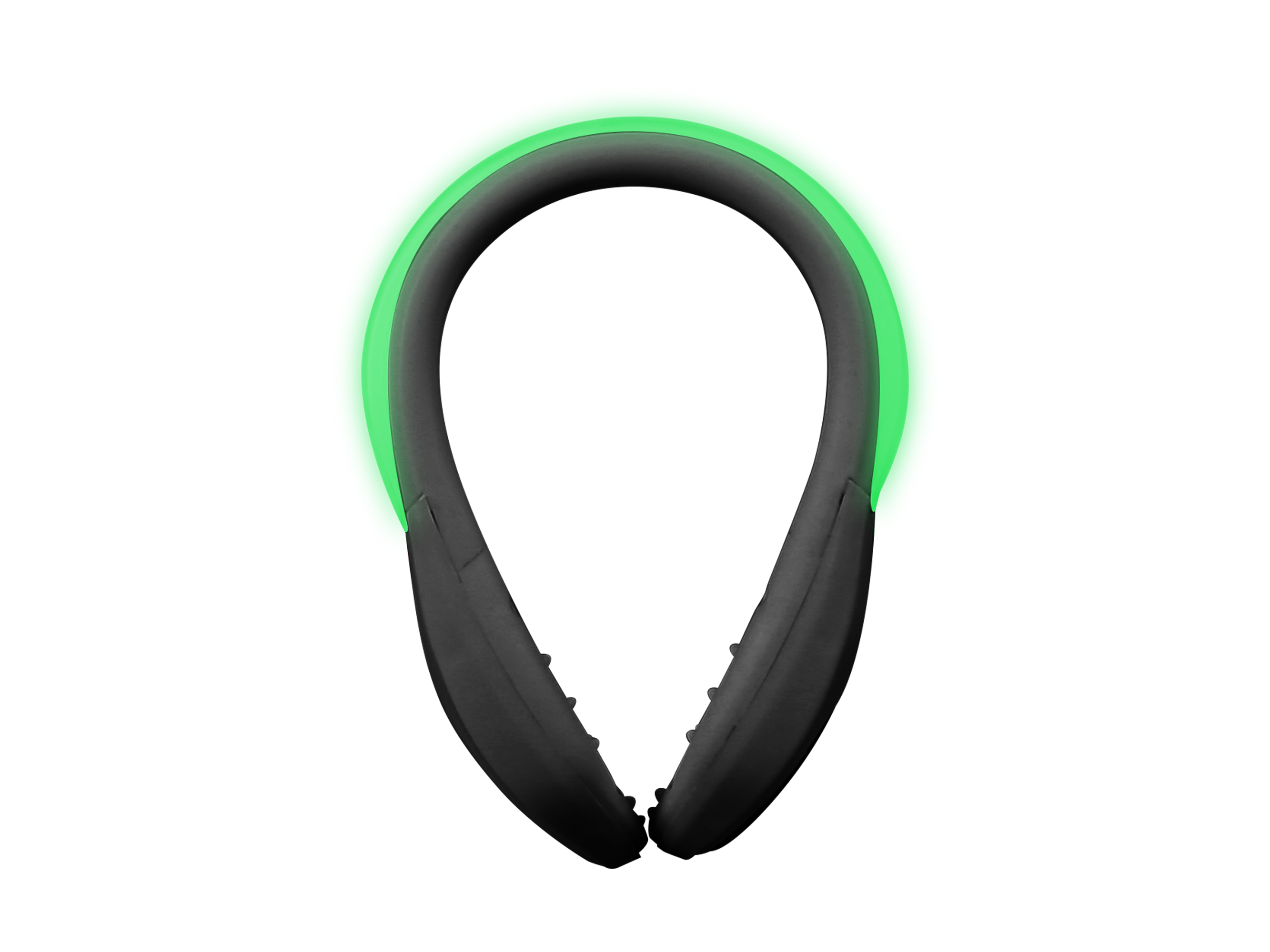 Un ventilador de cuello negro con forma de herradura y luz LED verde brillante en la parte superior sobre fondo blanco.