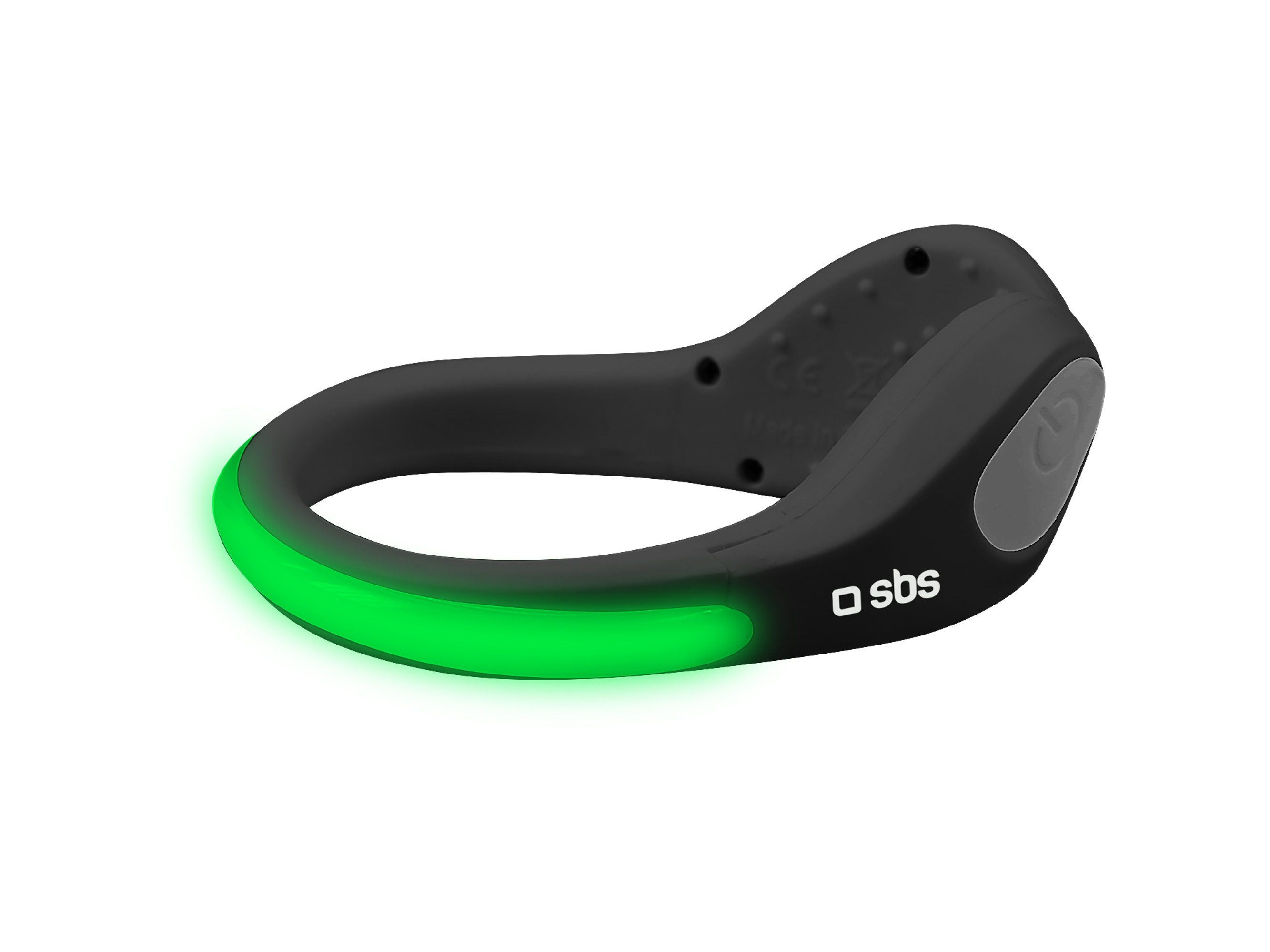 Una banda de seguridad LED negra brilla en verde por un lado, con un botón de encendido gris y el logo.
