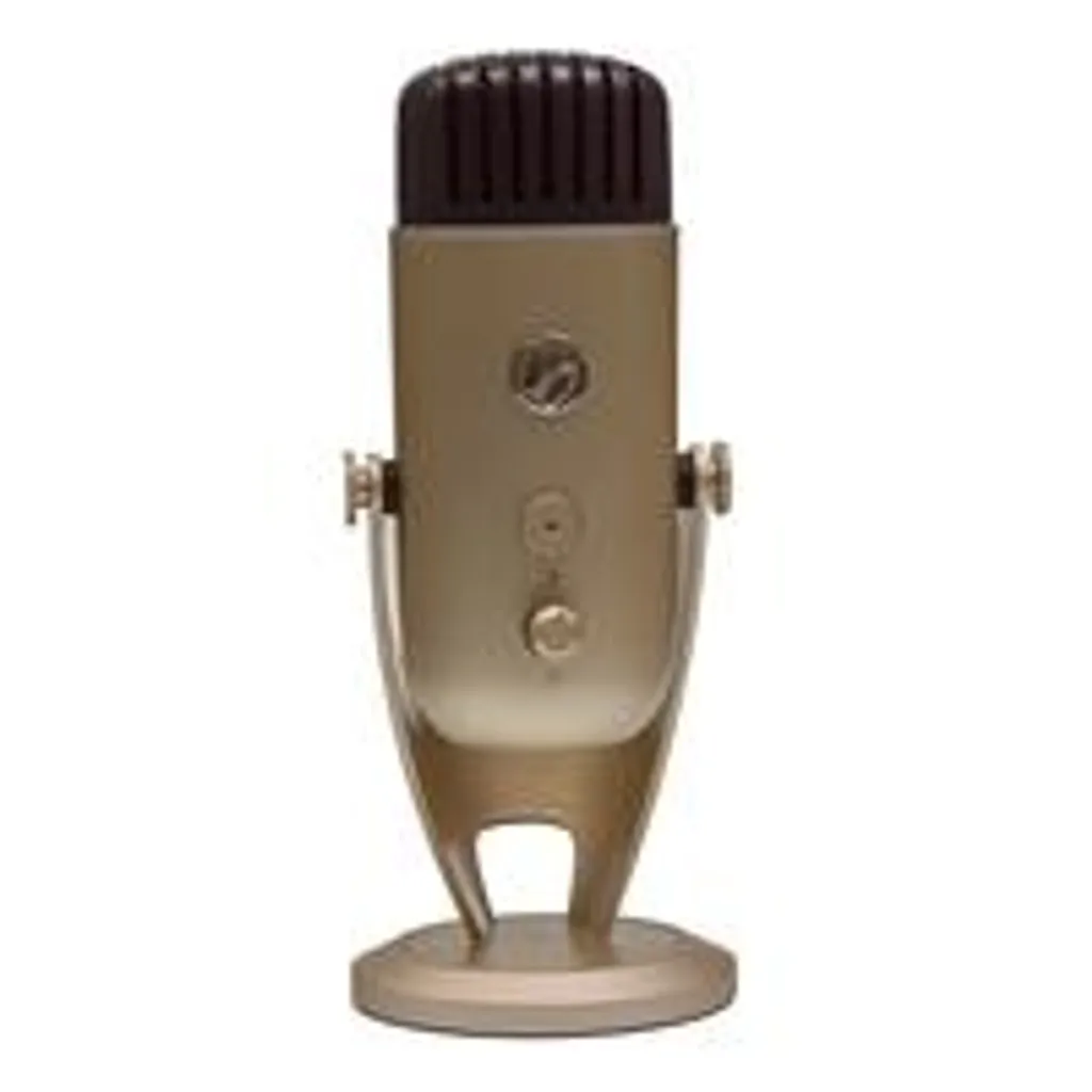 Ein goldenes Retro-Mikrofon mit dunklem Kopf steht auf einem runden Standfuß vor weißem Hintergrund.