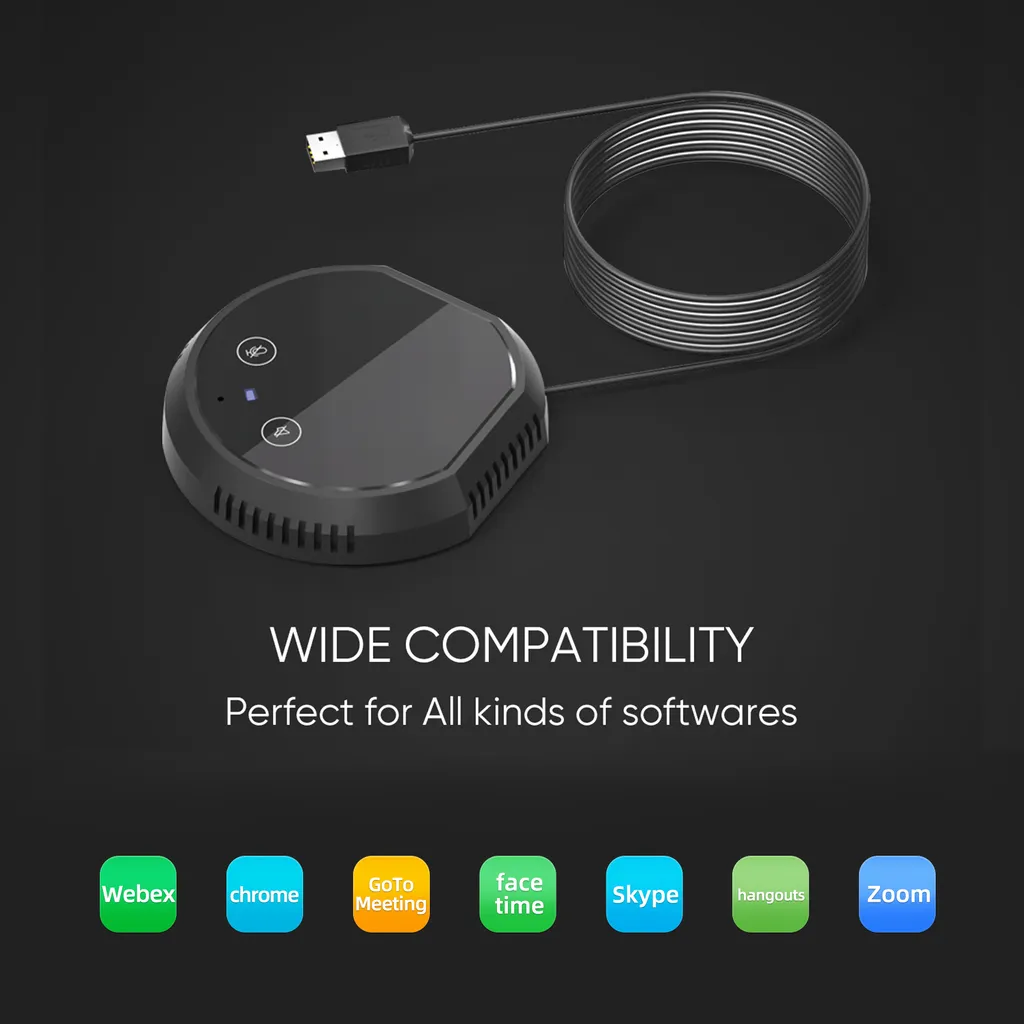 Schwarzes Konferenzmikrofon mit USB-Kabel und kompatiblen Softwarelogos unten auf dunklem Hintergrund.