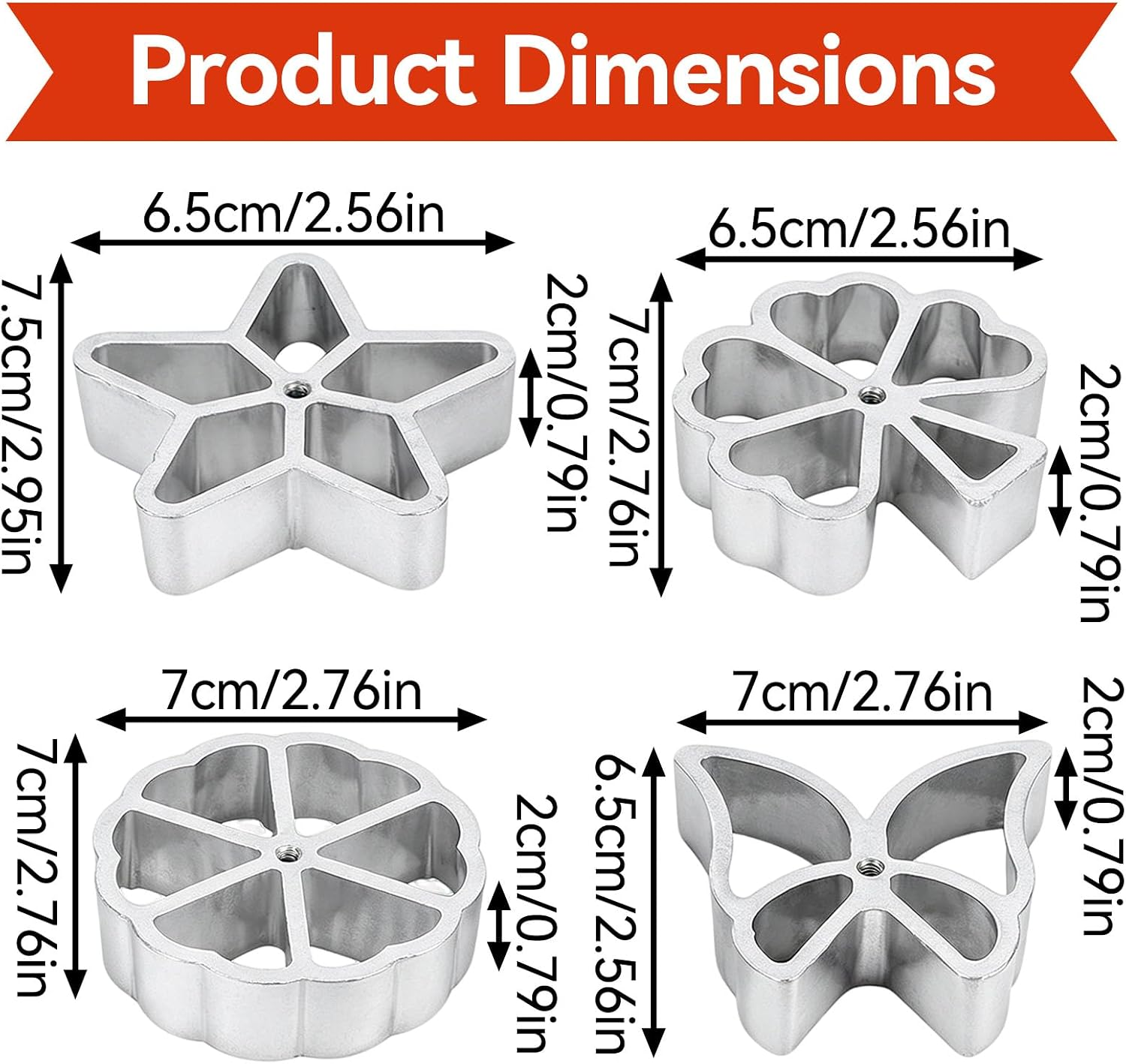 Produktabmessungen für vier Metallformen in Stern-, Blumen-, runden und Schmetterlingsformen mit Maßangaben.