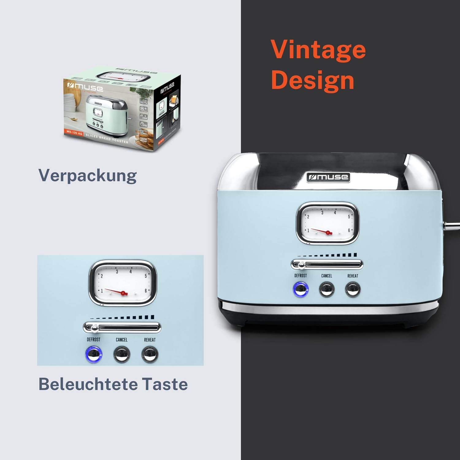 Hellblauer Vintage-Toaster mit Verpackung, analogen Tacho und beleuchteten Tasten.