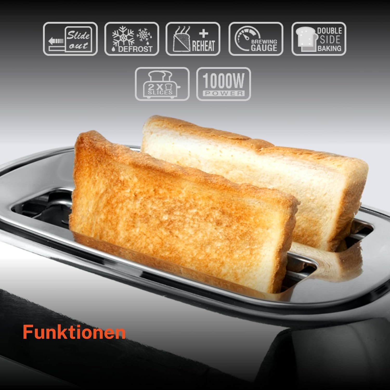 Zwei goldbraune Toastscheiben in einem Edelstahl-Toaster mit Funktionssymbolen.