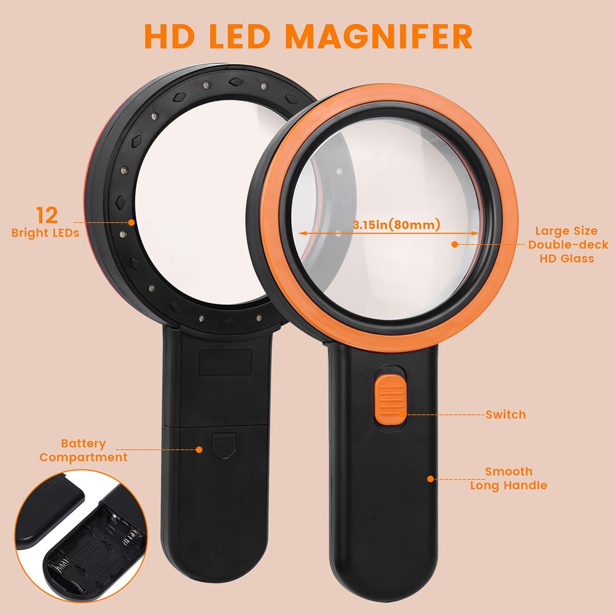 HD LED-Lupe mit oranger Einfassung, Schalter, LED-Leuchten und Batteriefach.
