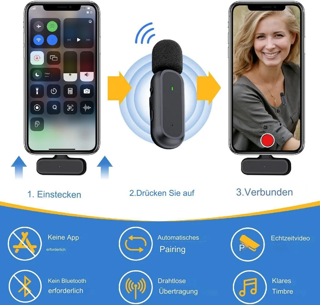 Anleitung für drahtloses Mikrofon: Einstecken, Drücken, Verbinden.