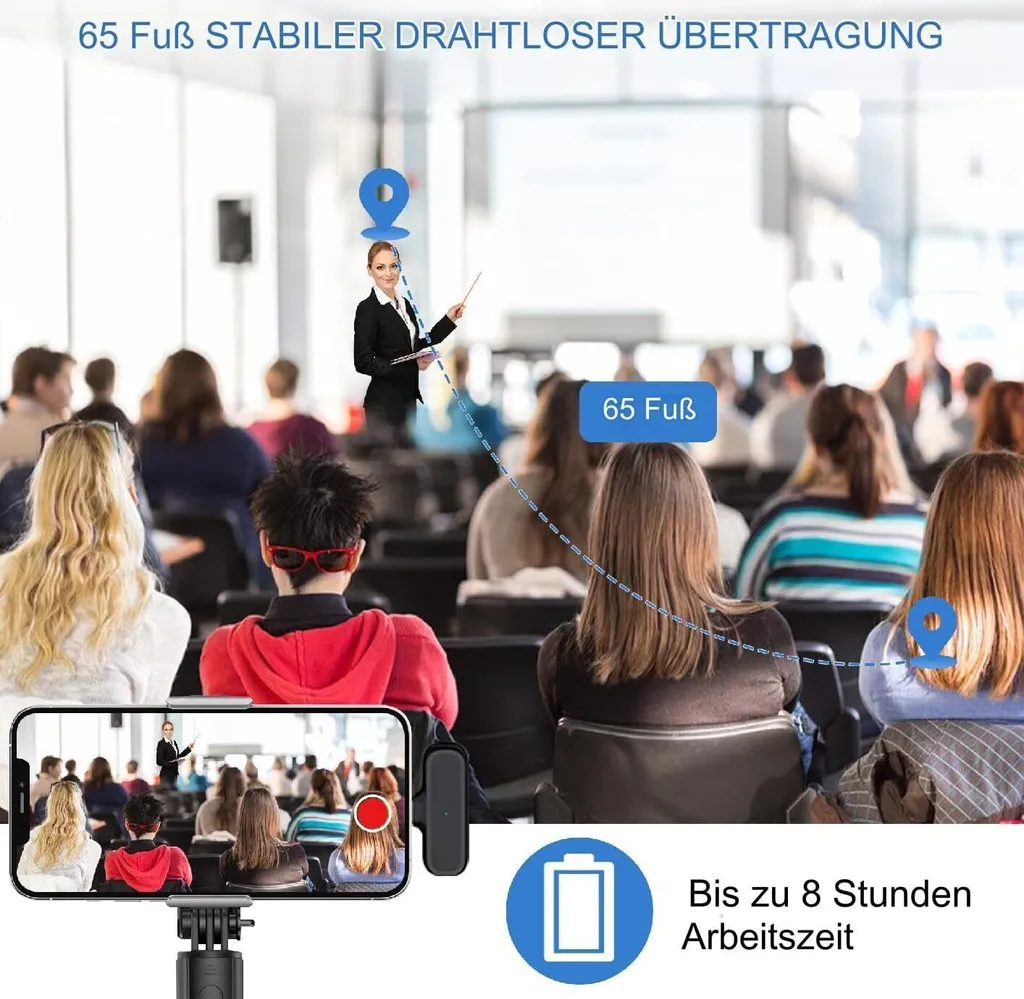 Eine Vortragende in einem Hörsaal wird von einer Smartphone-Kamera gefilmt, was drahtlose Übertragung zeigt.