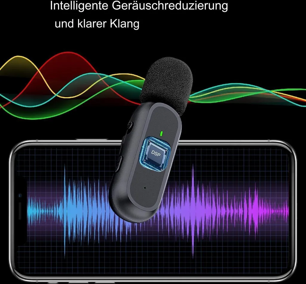 Kleines schwarzes Mikrofon vor einem Smartphone mit Klangwellen und Text.