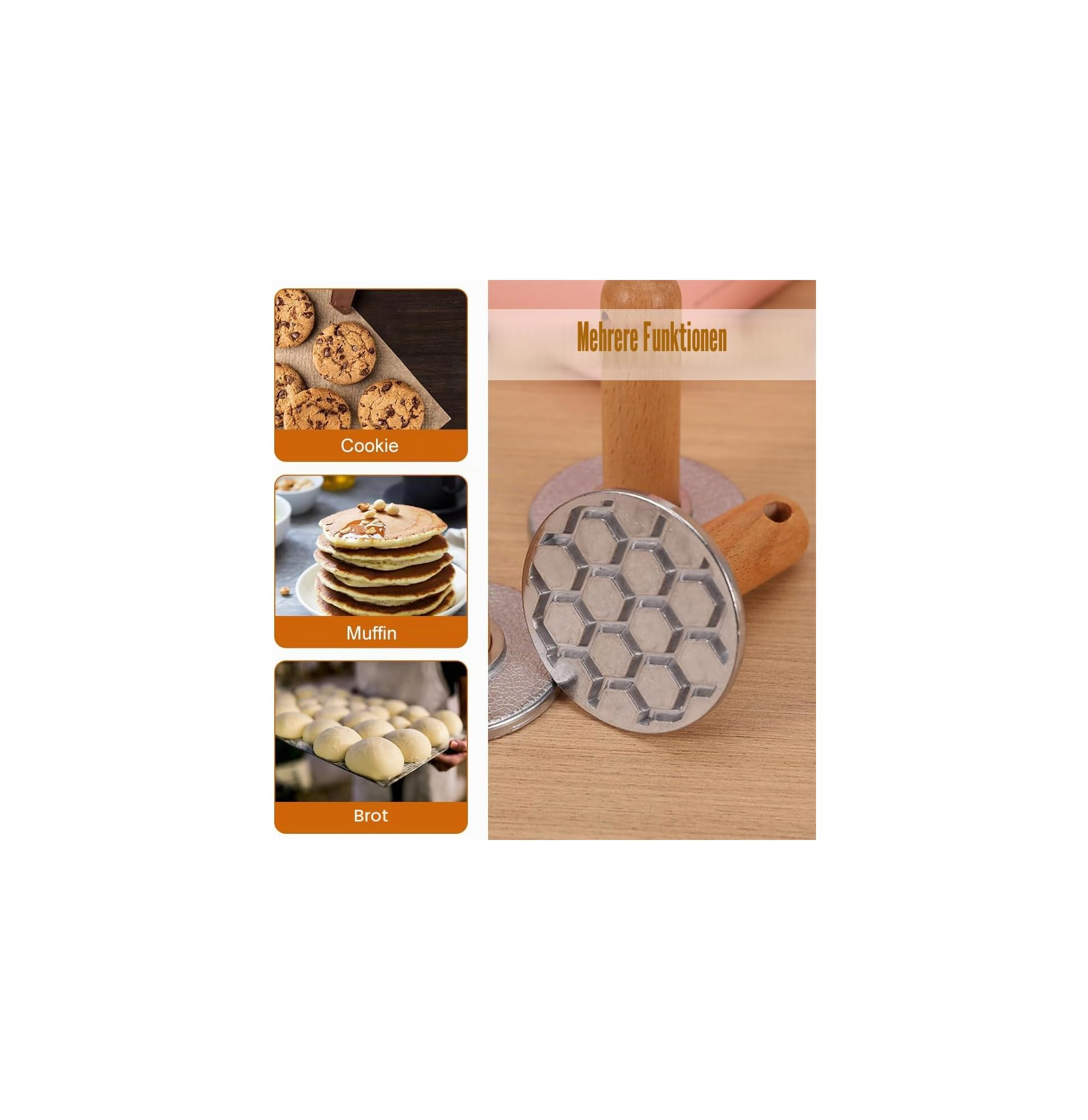 Ein Metallwerkzeug mit Holzgriff und Wabenmuster neben kleinen Bildern von Keksen, Muffins und Brot.