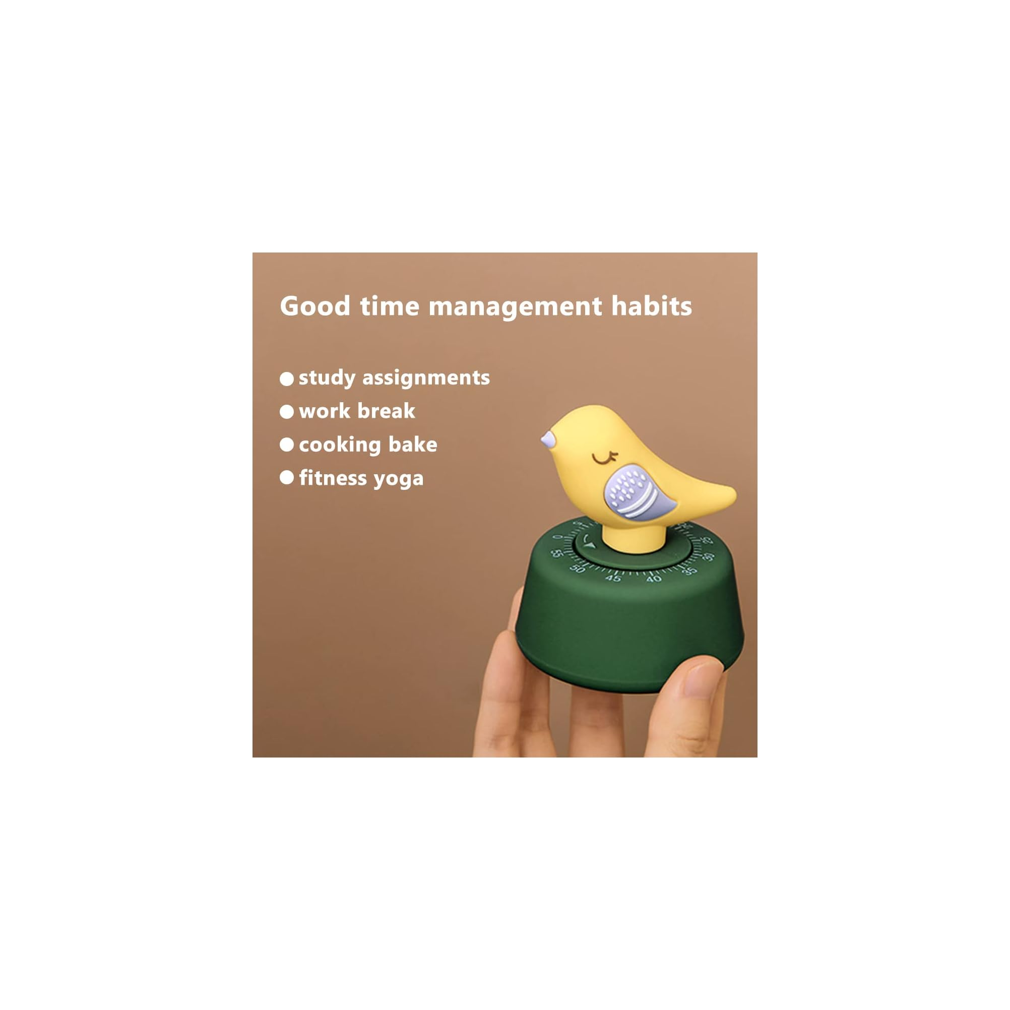 Eine Hand hält einen grünen Timer mit einem gelben Vogel oben, neben Text über Zeitmanagement-Gewohnheiten.
