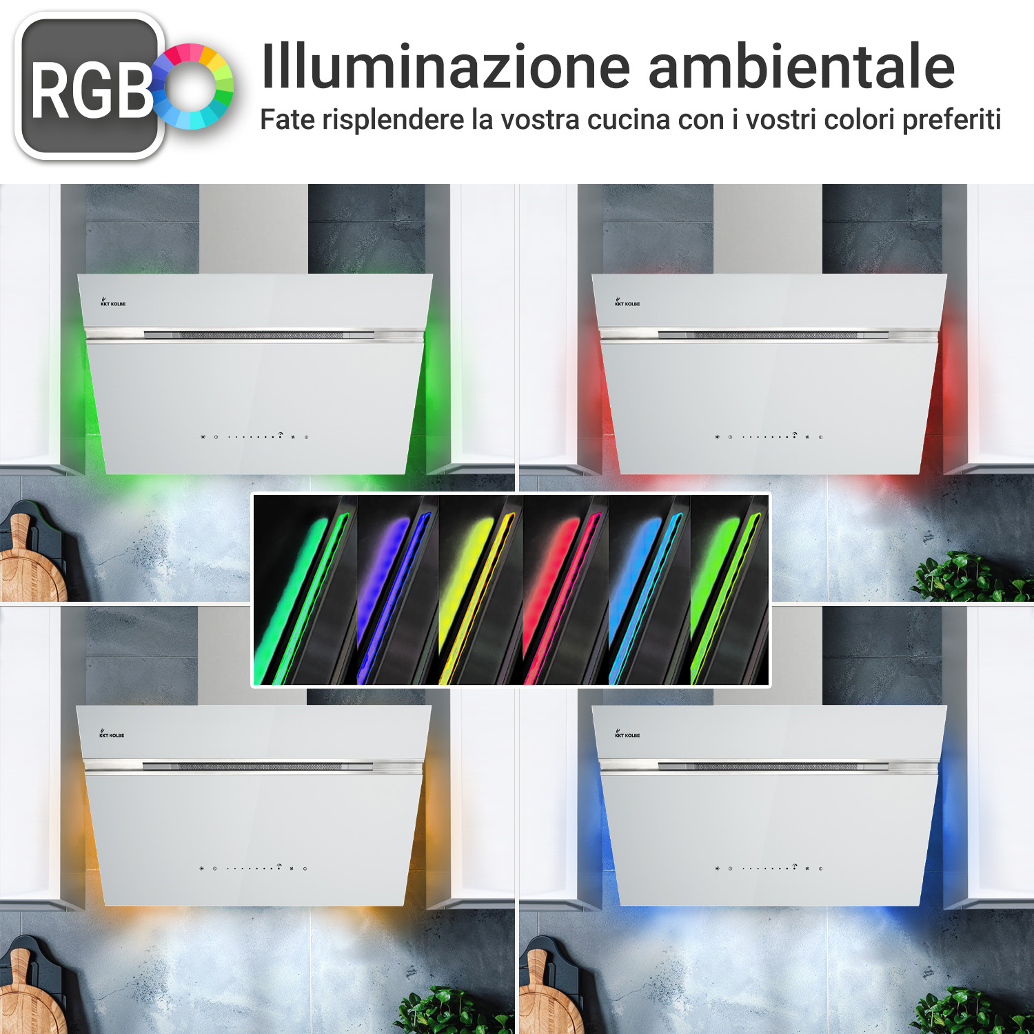 Cappa aspirante con illuminazione RGB in vari colori e testo in italiano.
