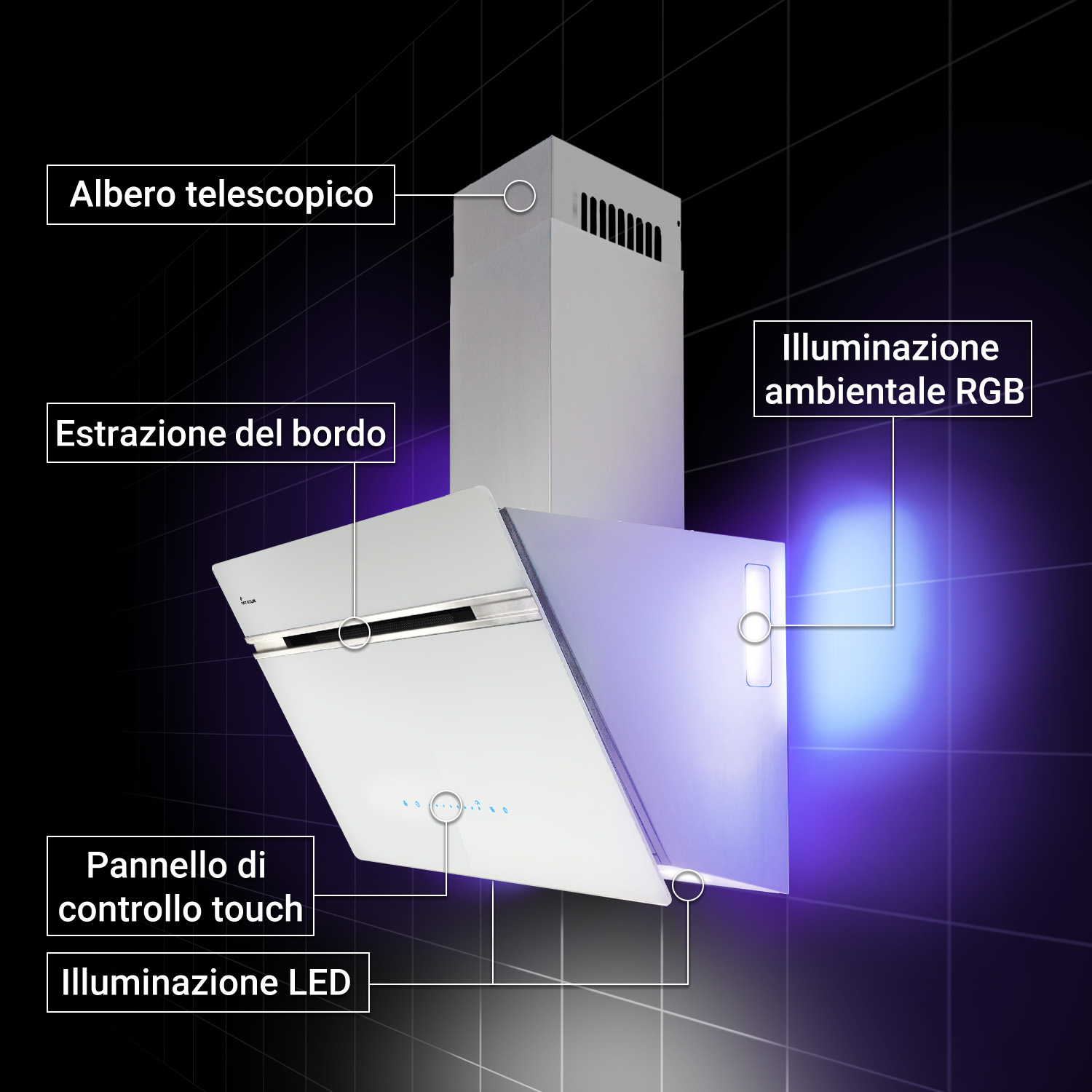 Schema di cappa da cucina bianca con etichette per albero telescopico, aspirazione perimetrale, pannello touch e illuminazione.